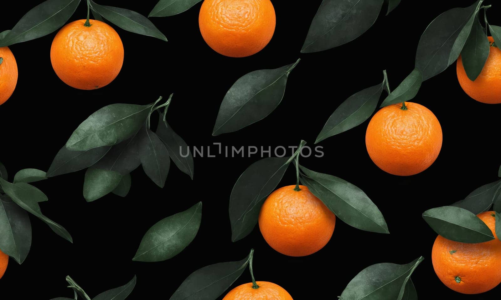 A seamless pattern featuring oranges with green leaves on a black background. This design showcases various citrus fruits like Rangpur, Valencia orange, and Tangelo