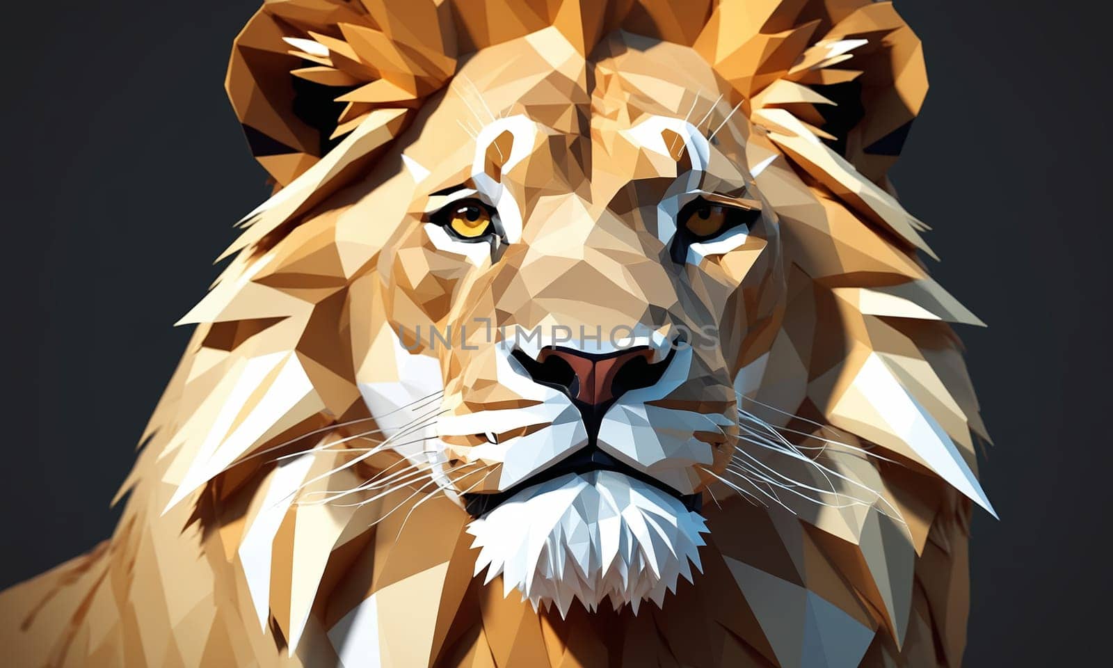 A low poly illustration of a lion, a member of the Felidae family and one of the Big cats. The artwork features detailed Whiskers, a Snout, and a Terrestrial animal on a gray background