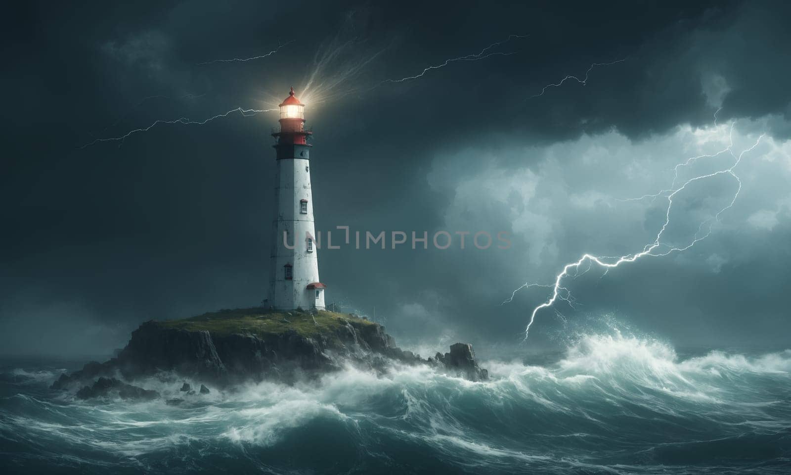 Lighthouse on small island in stormy ocean with dark sky and rough water by Andre1ns