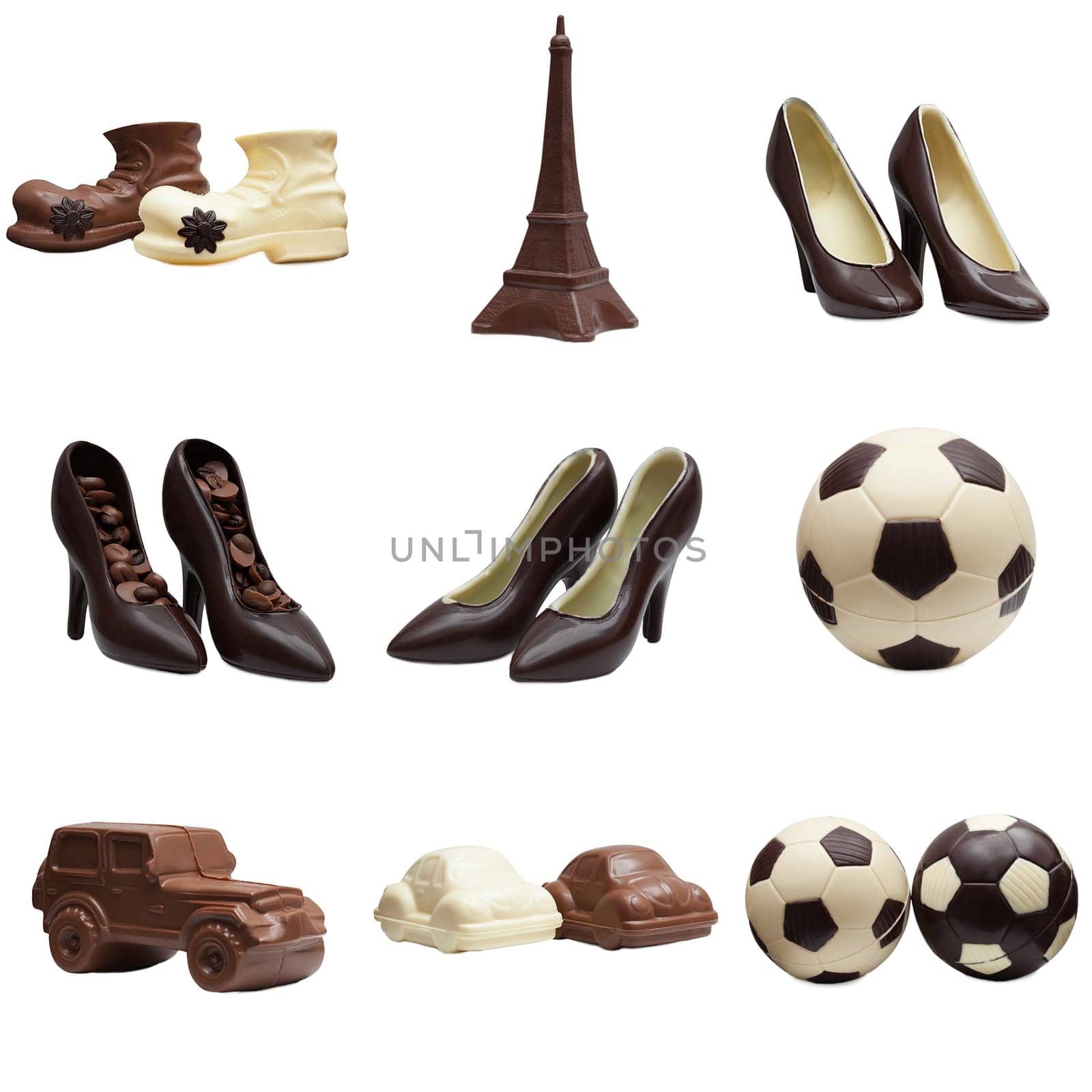 Collage of various chocolate figures. Studio photo, isolated on white