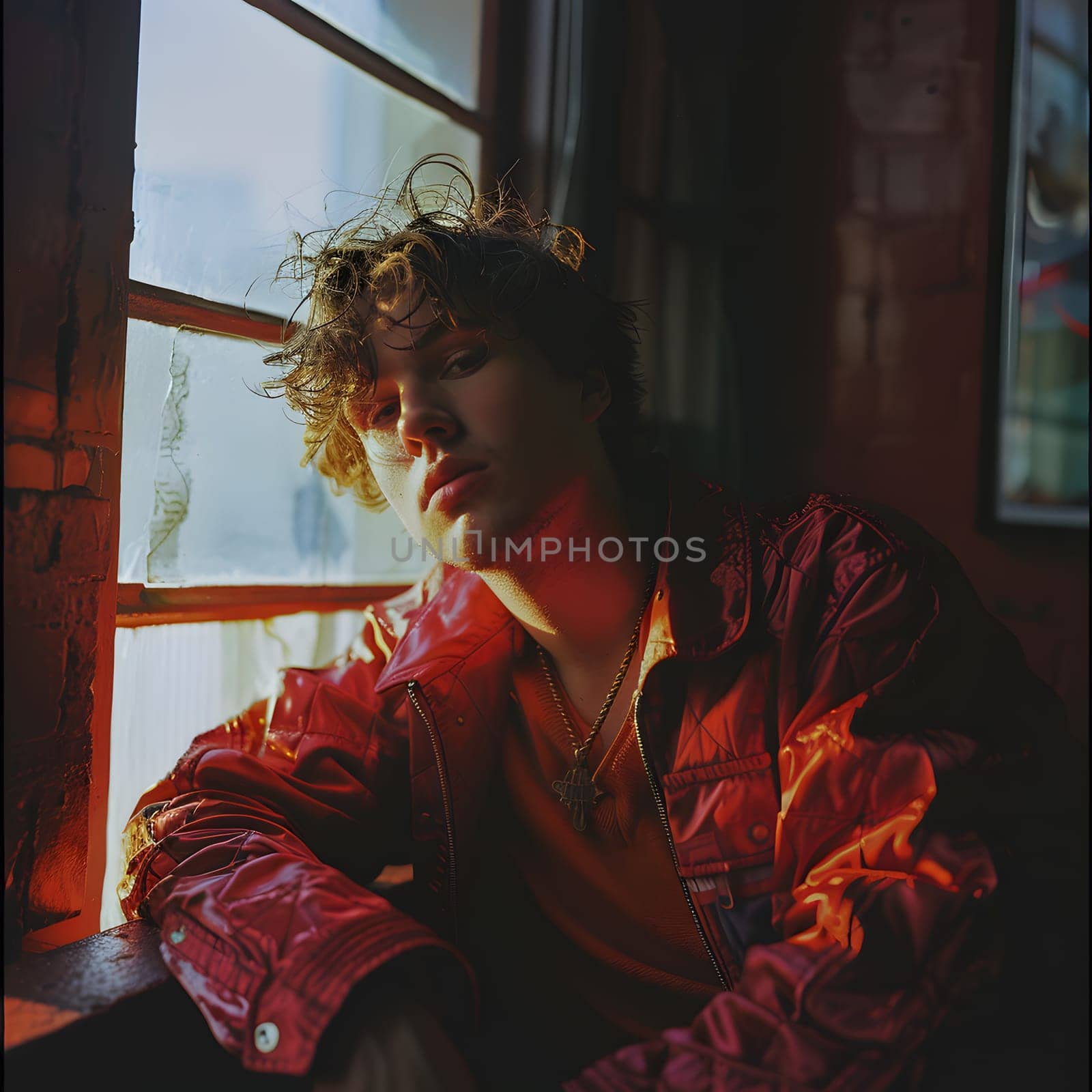 Man in red jacket sits by window in dark room for comfort by Nadtochiy