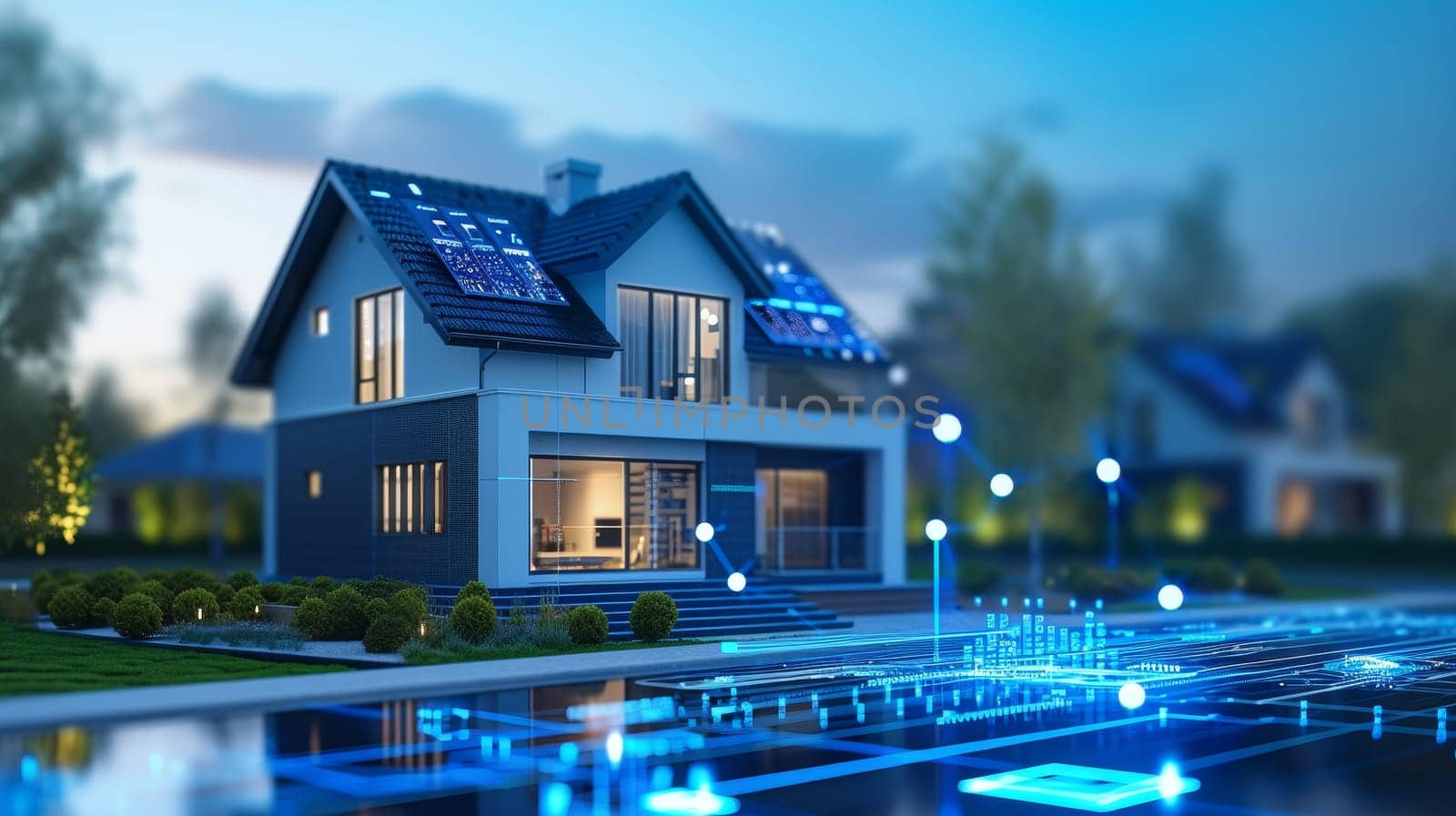 Illustration of a smart home with digital interface and solar panels at dusk