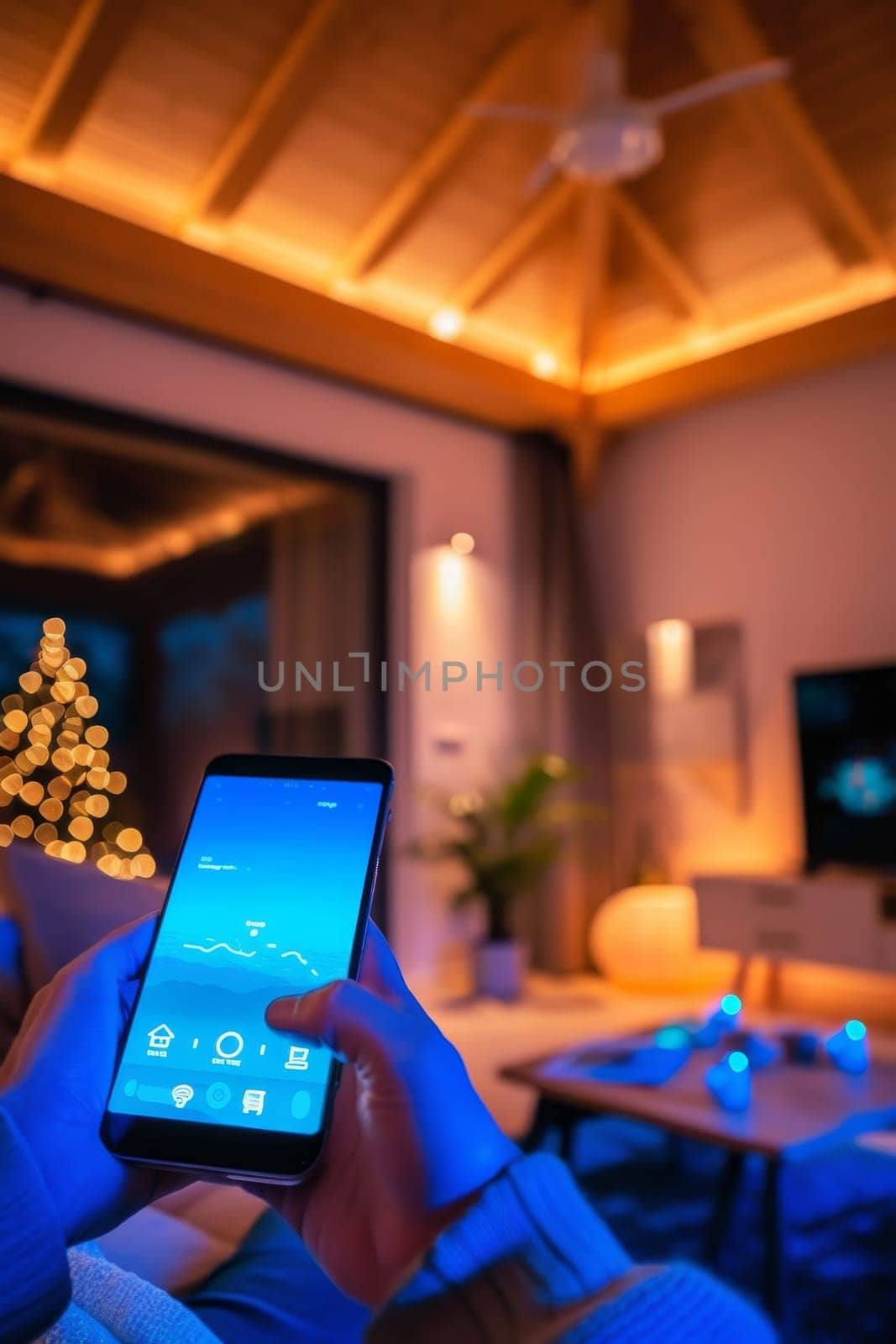 Person using smartphone to control smart home lights with Christmas tree background