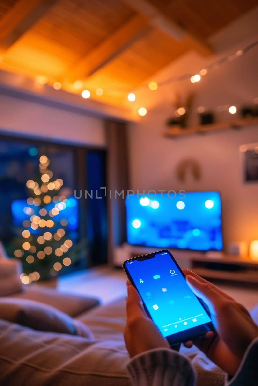 Person using smartphone to control smart home lights with Christmas tree background