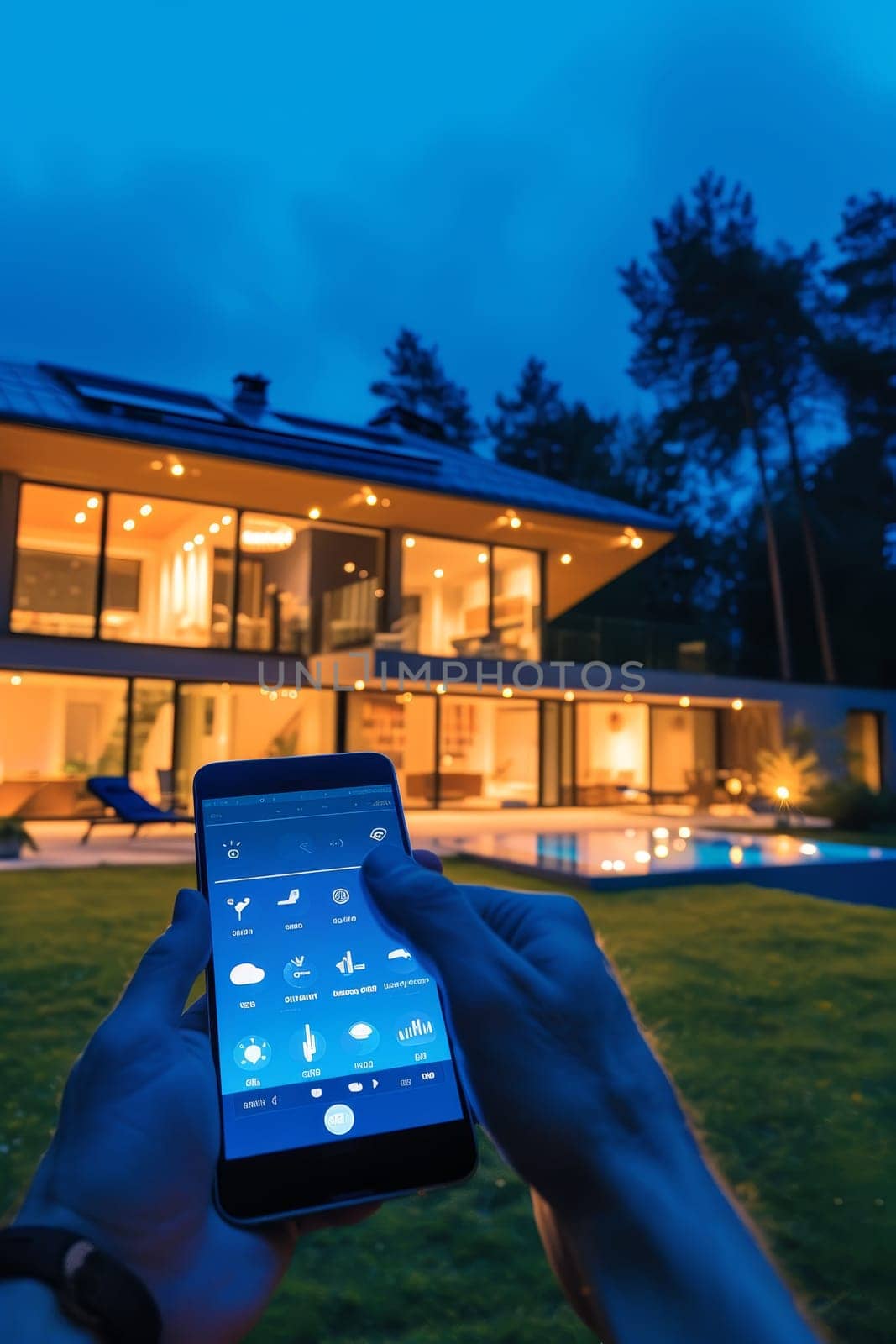 Hand holding smartphone with augmented reality interface overlaying smart home control graphics on a house background in twilight