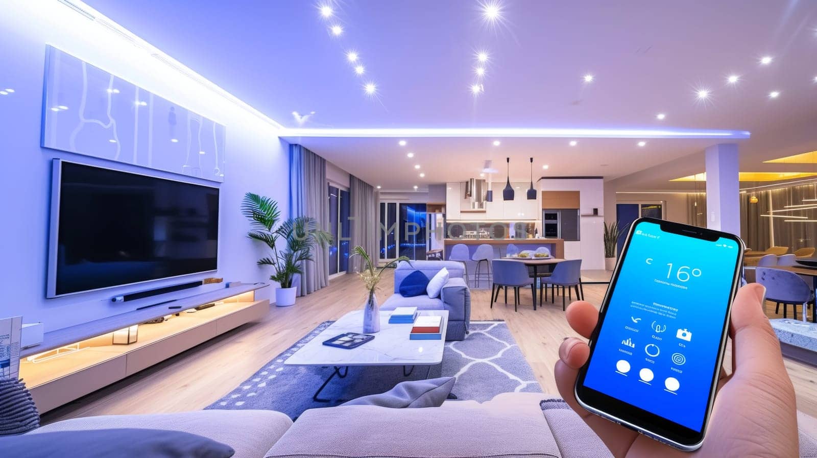Mobile phone in foreground controlling a well-lit, modern smart home interior