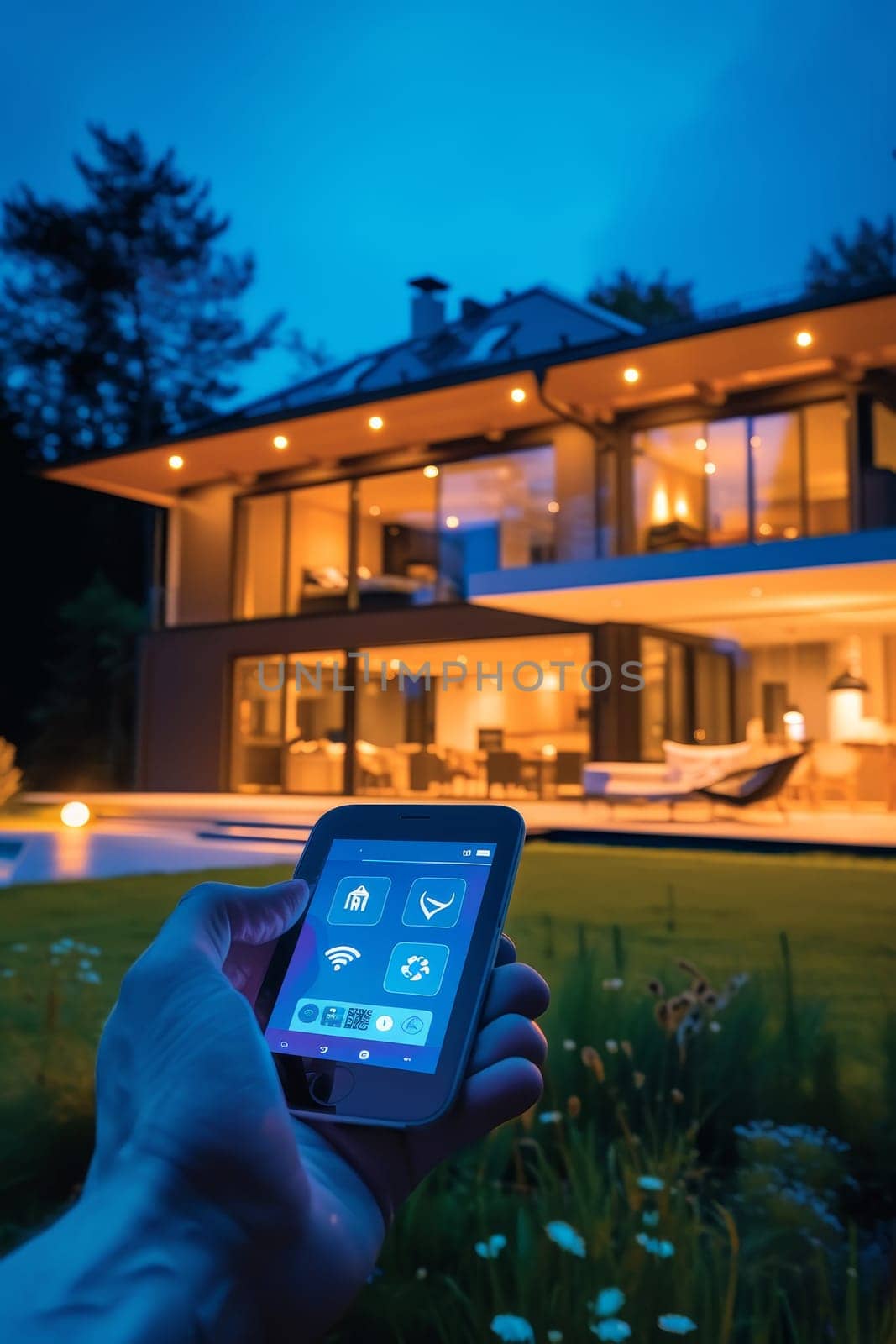 A person holding a smartphone showcasing an app interface with a modern house in the background