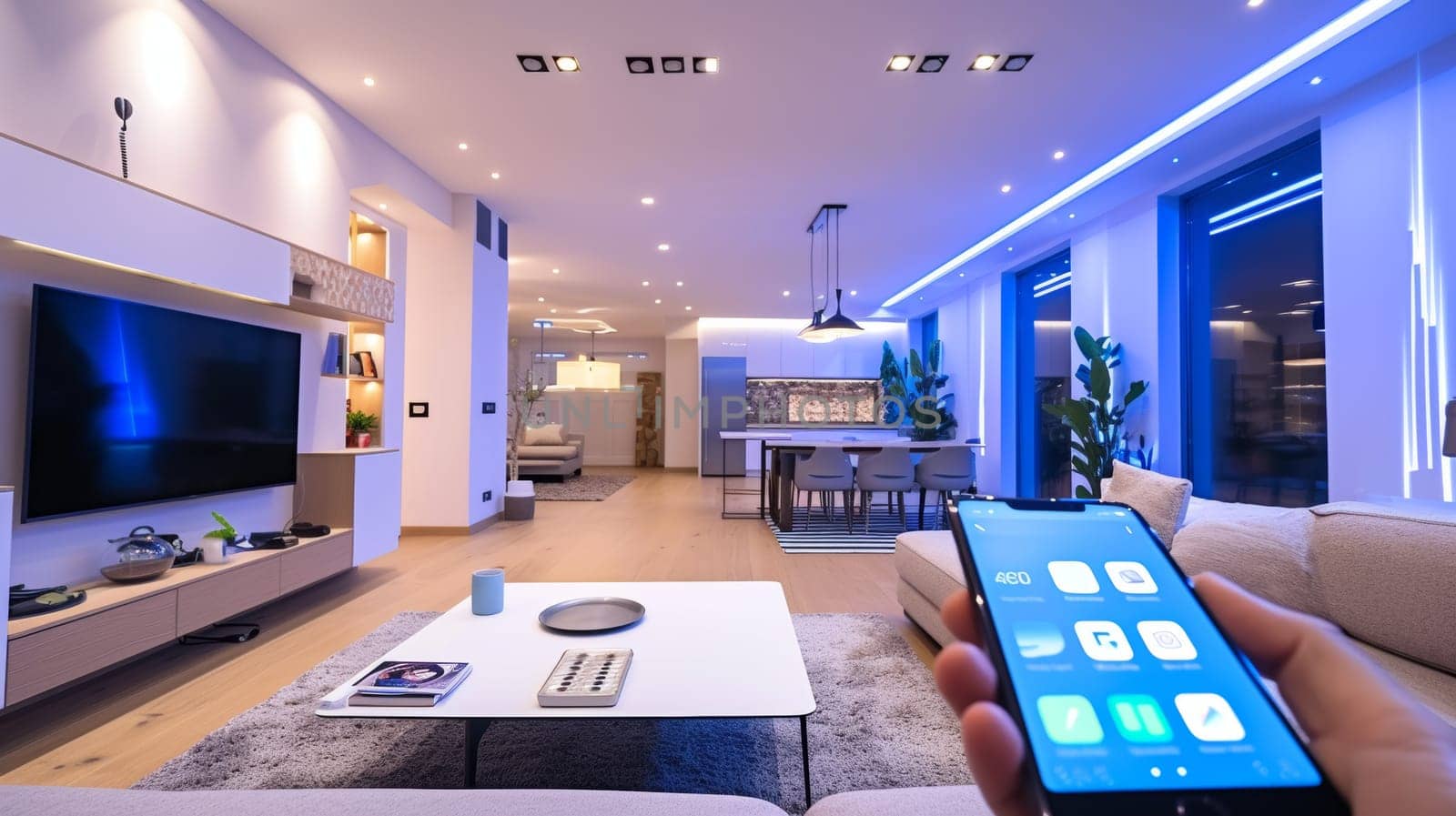 Modern living room with a person controlling rooms lighting using a smartphone