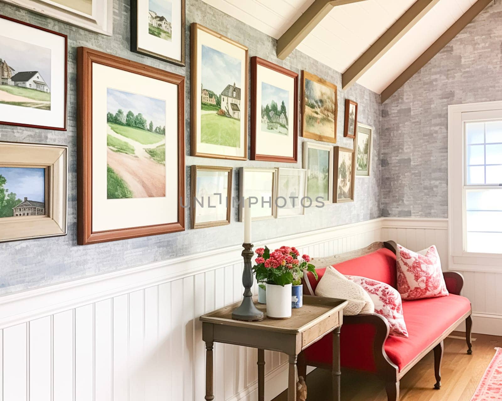 Gallery wall, home decor and wall art, framed art in modern English country cottage interior, living room for diy printable artwork and print shop idea