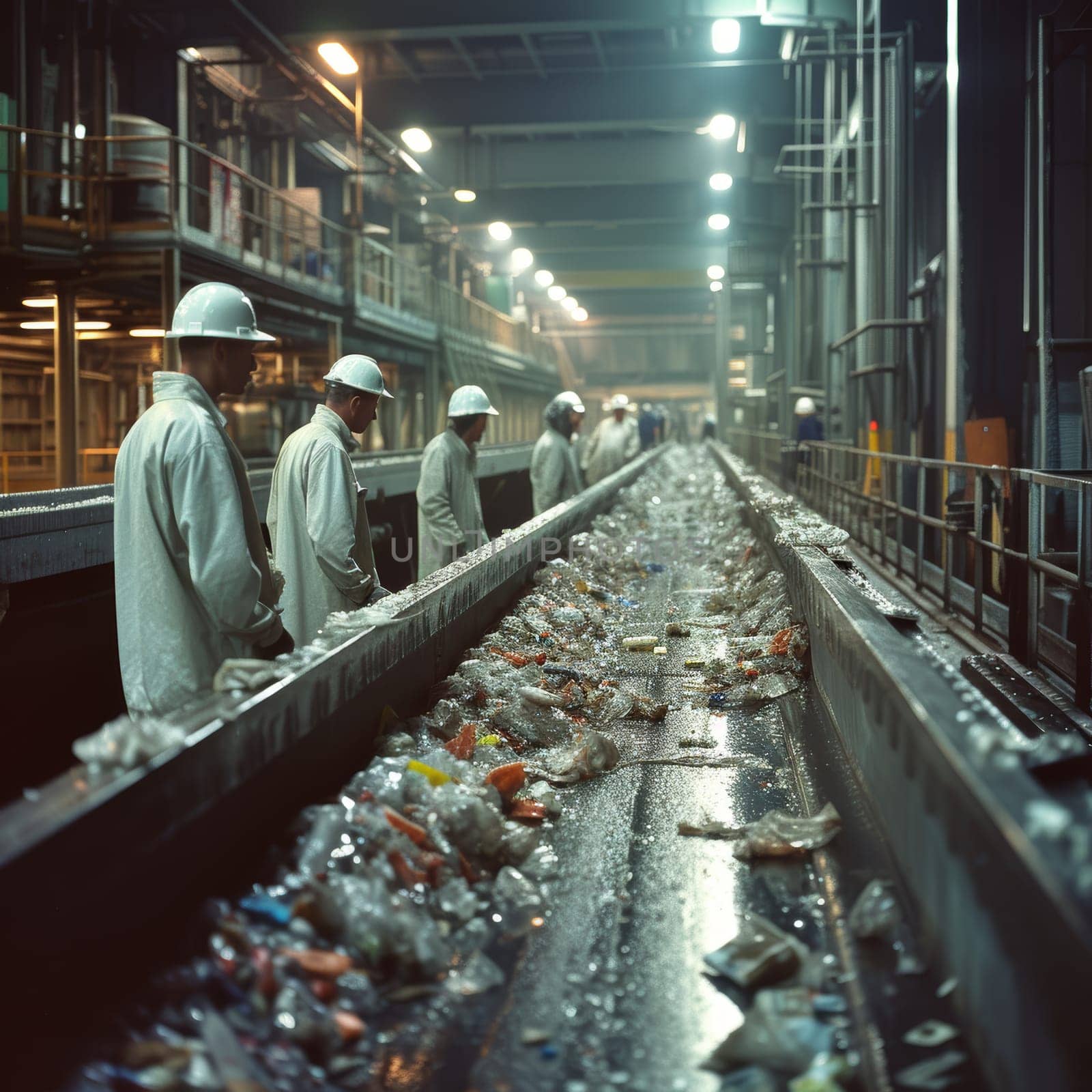 Workers in bright orange uniforms sorting waste on a conveyor belt at a waste treatment facility. by sfinks