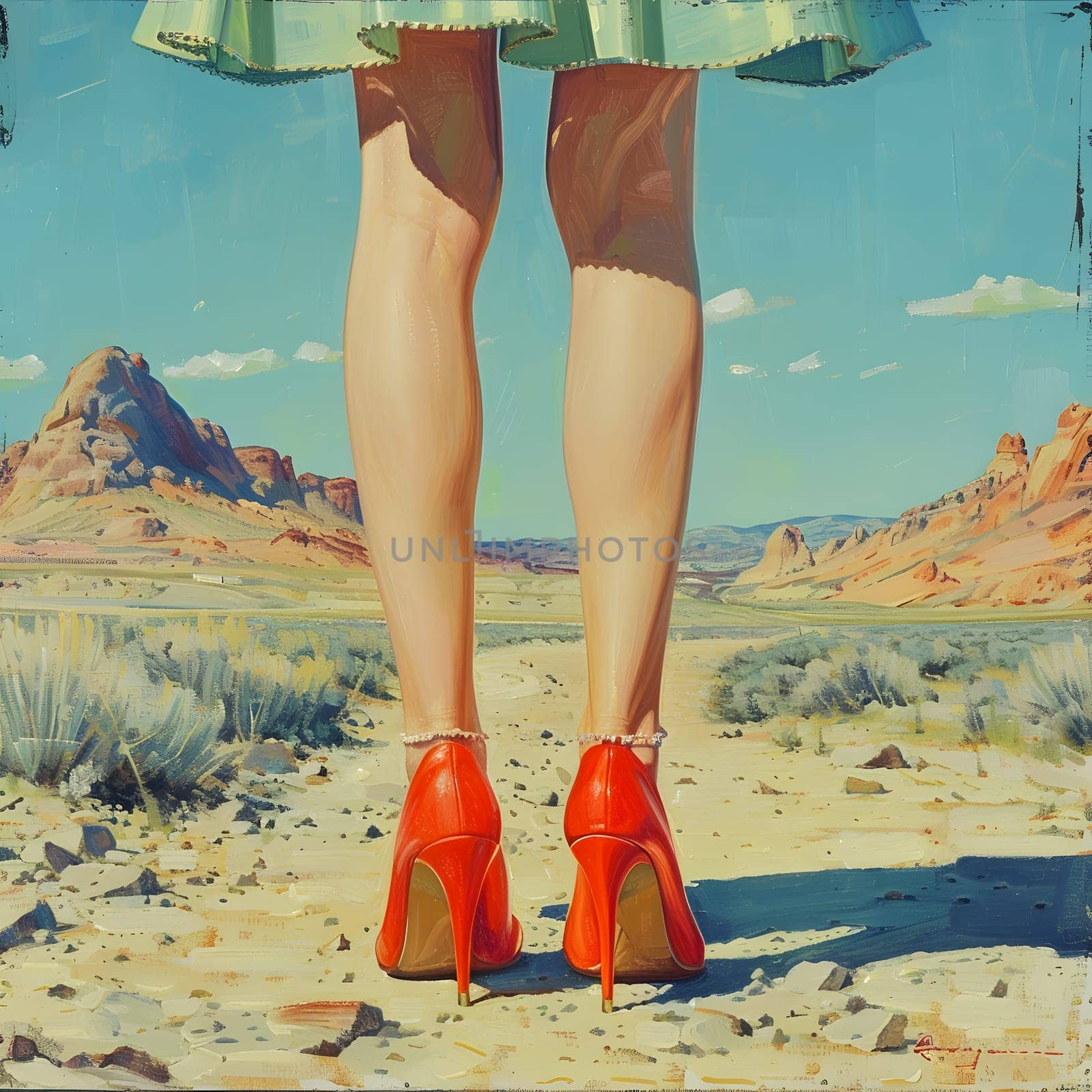 A womans red high heels stand out against the desert landscape by Nadtochiy