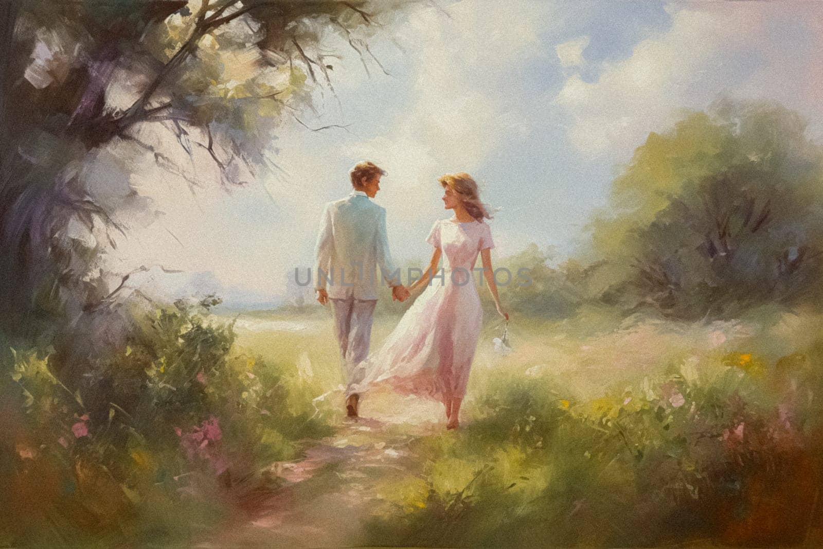 Oil style fine art painting of romantic vintage couple in the English countryside, country nature in soft pastel colours, evoking a sense of love and natural beauty, printable art design