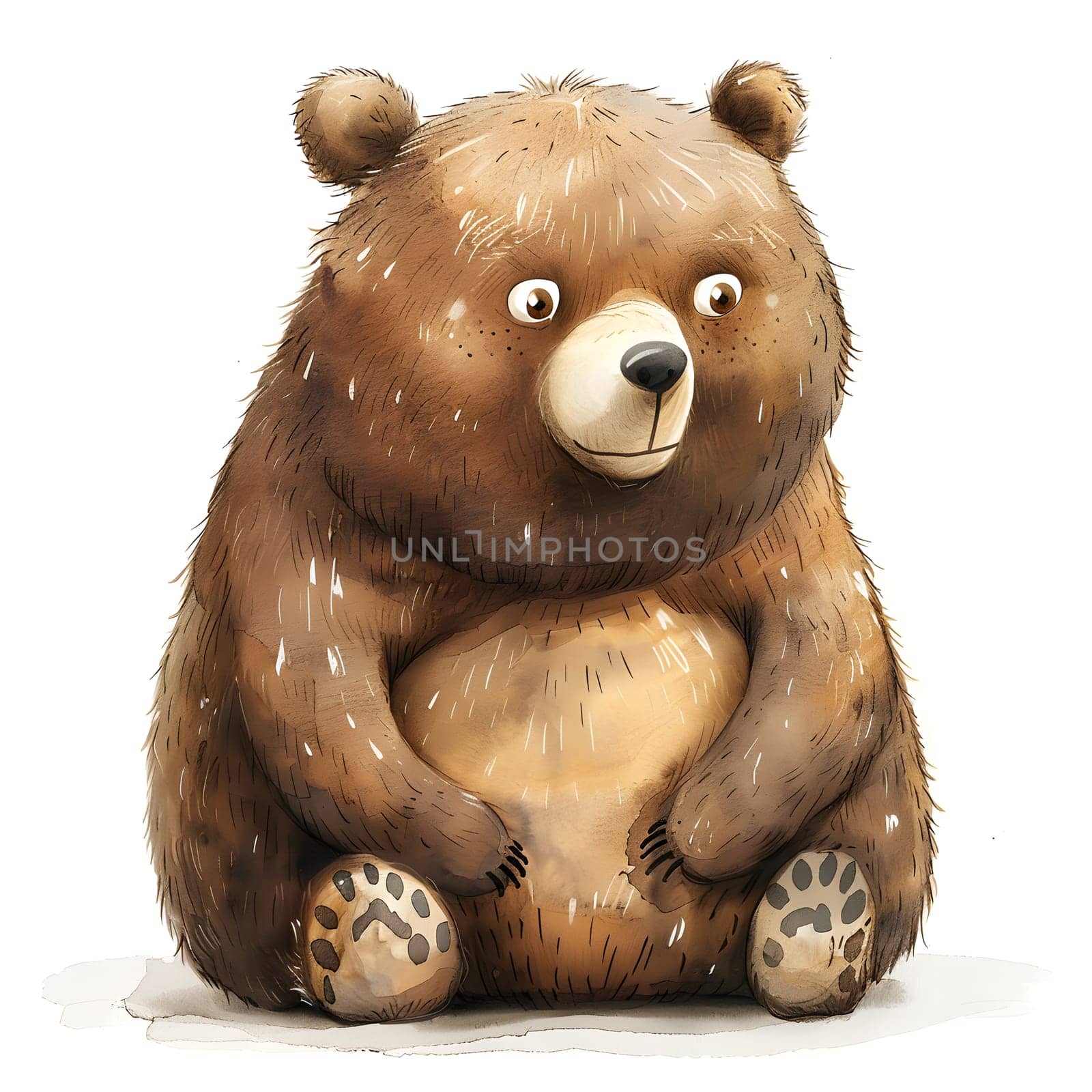 A carnivorous brown bear, either a grizzly or a Kodiak, is seated with its paws crossed, gazing towards the camera. It is a terrestrial animal, resembling a toy as it rests by a tree