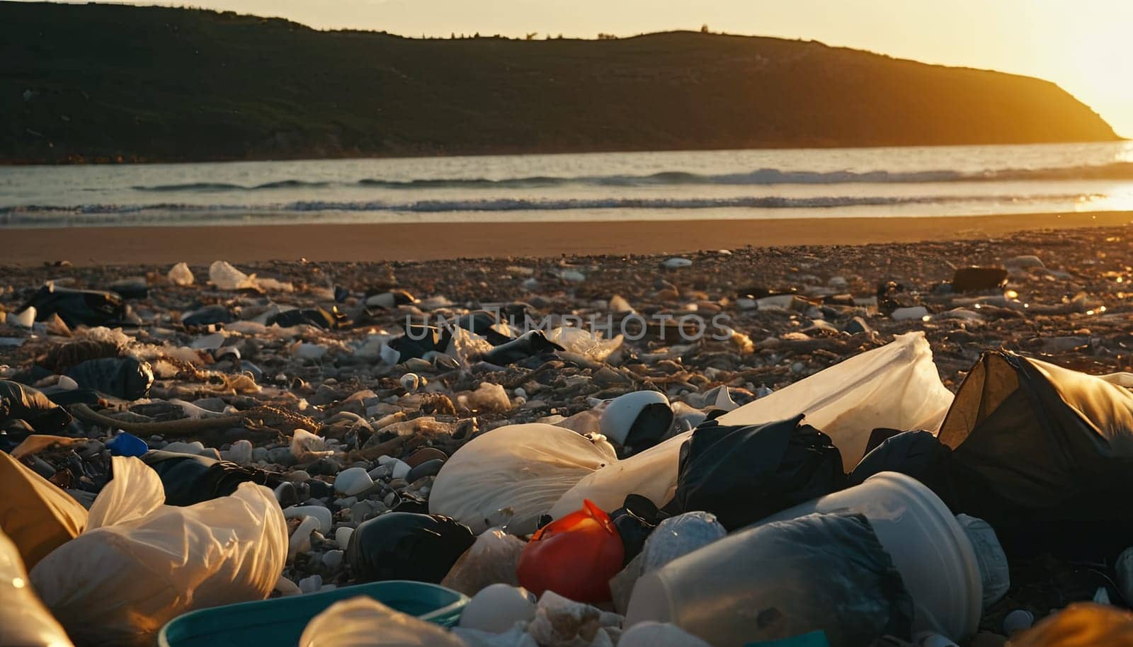 A beach covered in trash, including plastic cups and bottles. The sun is setting in the background, creating a moody atmosphere