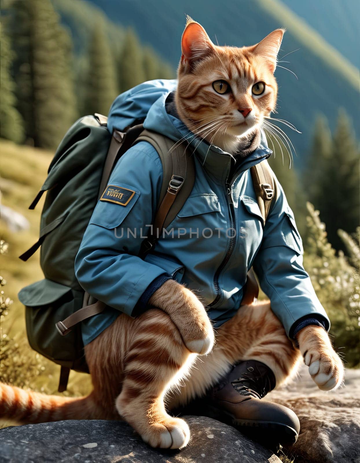 cat is wearing a backpack and a blue jacket, standing on a rock in a mountainous area. by Matiunina