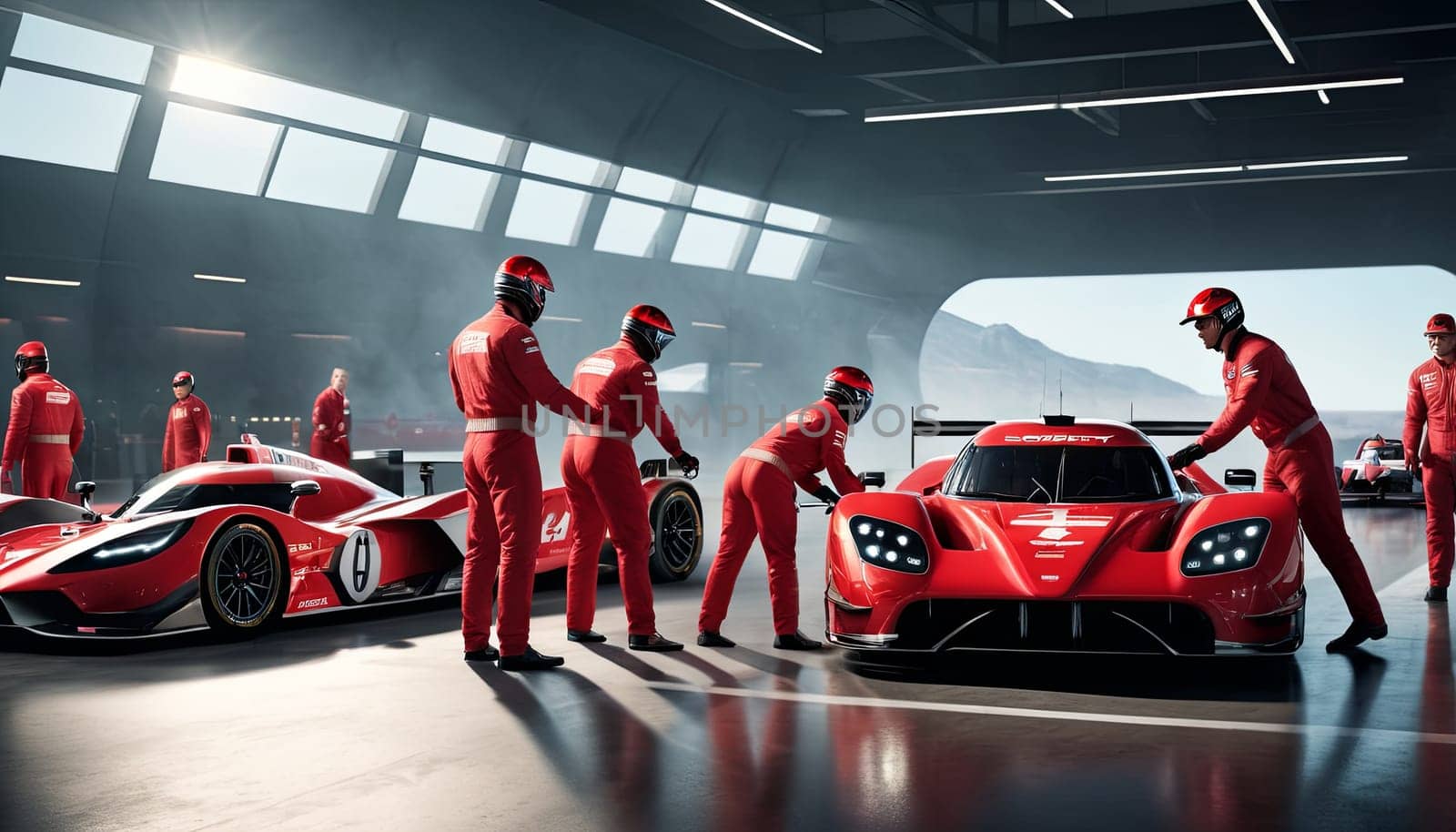 A group of men in red jumpsuits stand around a red race car. The car is parked in a large, well-lit room. Scene is one of excitement and anticipation. by Matiunina