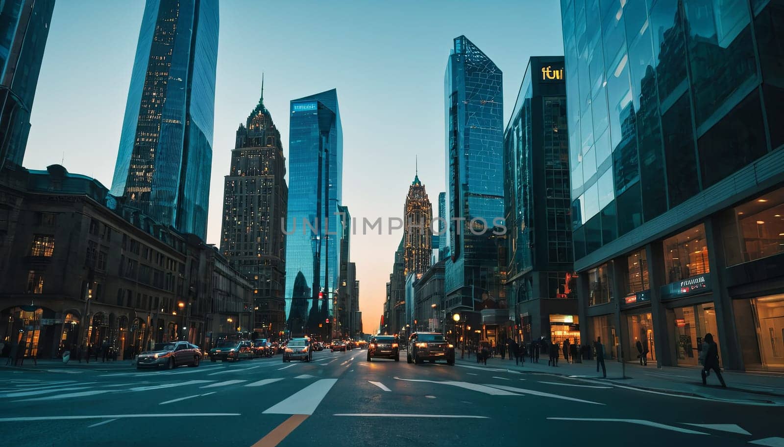 A busy city street with tall buildings and lots of traffic. The sky is a beautiful blue color