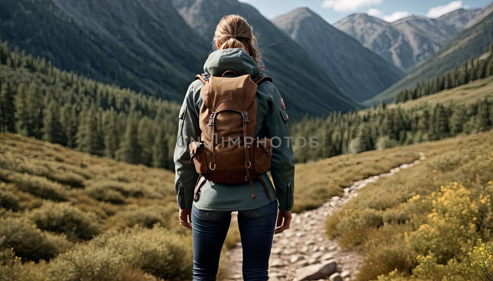 A woman is hiking in the mountains with a backpack on her back. The mountains are covered in trees and the sky is clear. The woman is enjoying the beautiful scenery. by Matiunina