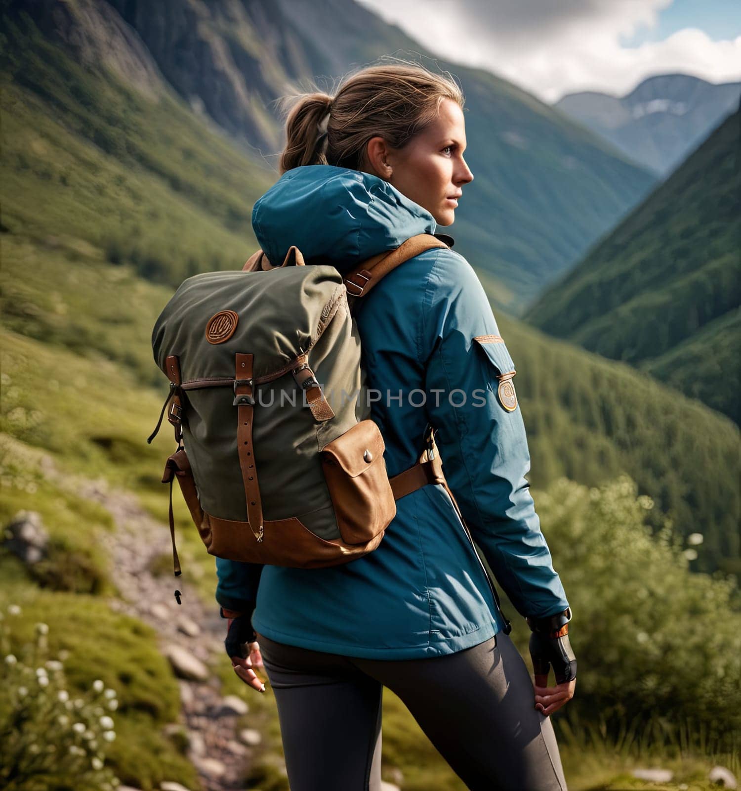 A woman wearing a blue jacket and backpack stands on a mountain. Concept of adventure and exploration, as the woman is ready to embark on a journey through the wilderness. by Matiunina