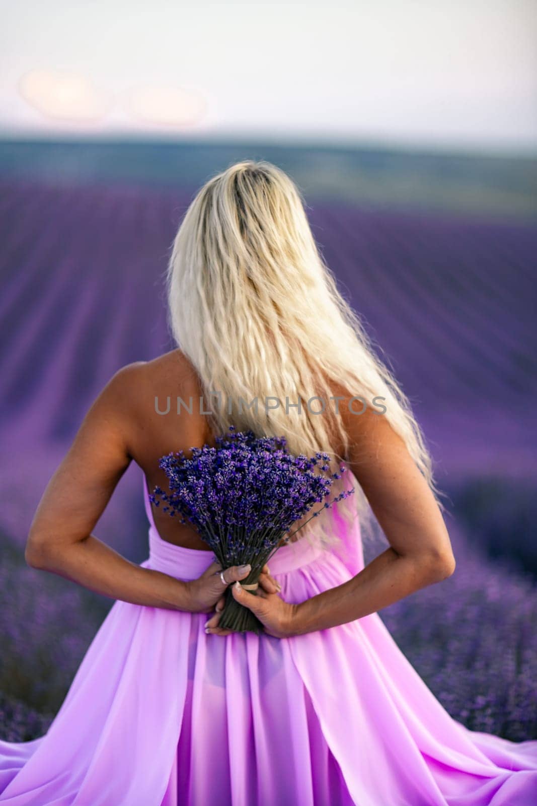 Back view woman lavender sunset. Happy woman in pink dress holds lavender bouquet. Aromatherapy concept, lavender oil, photo session in lavender.