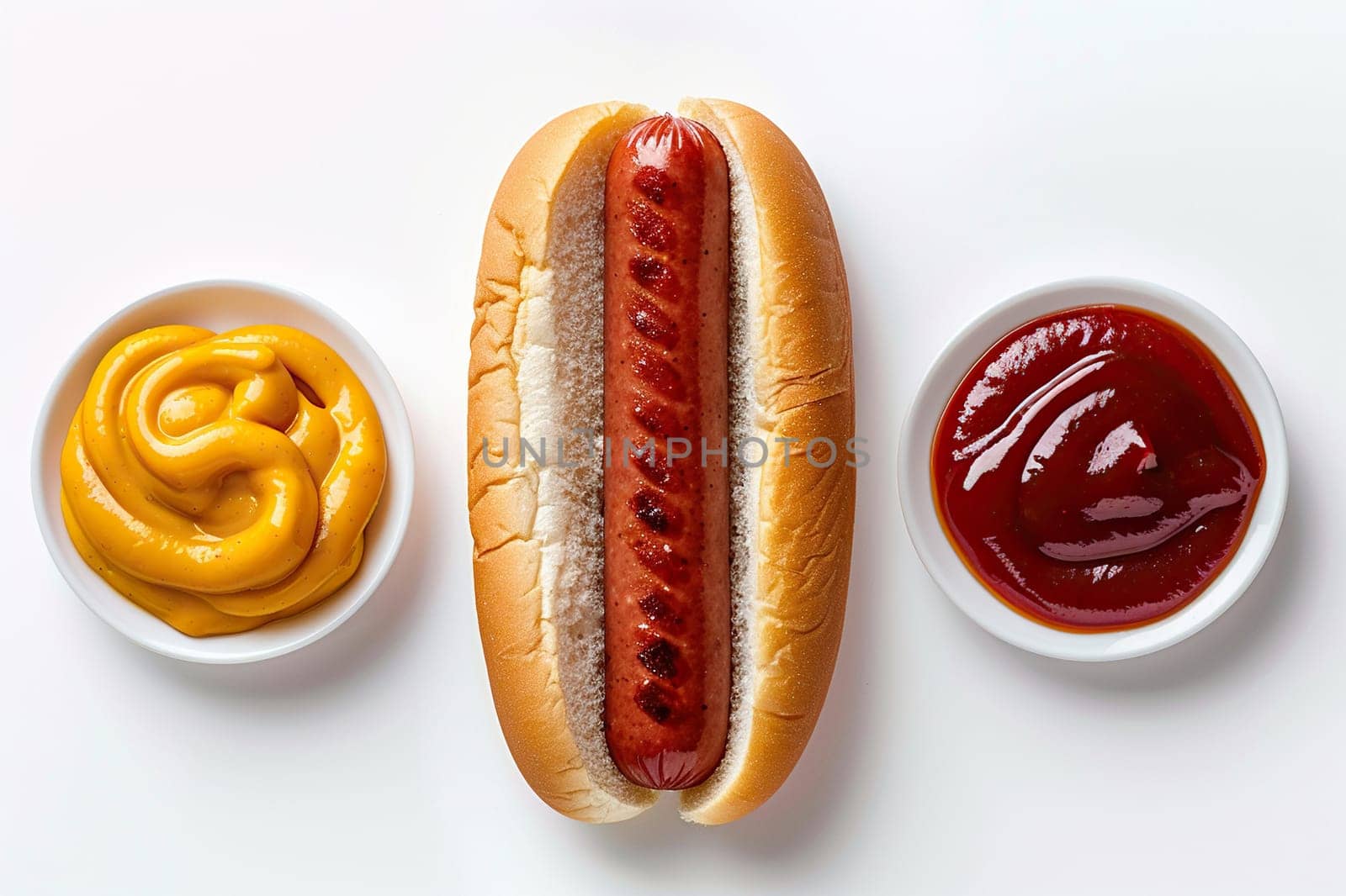 Ingredients for a hot dog. Bun, sausage, mustard and ketchup on a white background. Fast food concept.