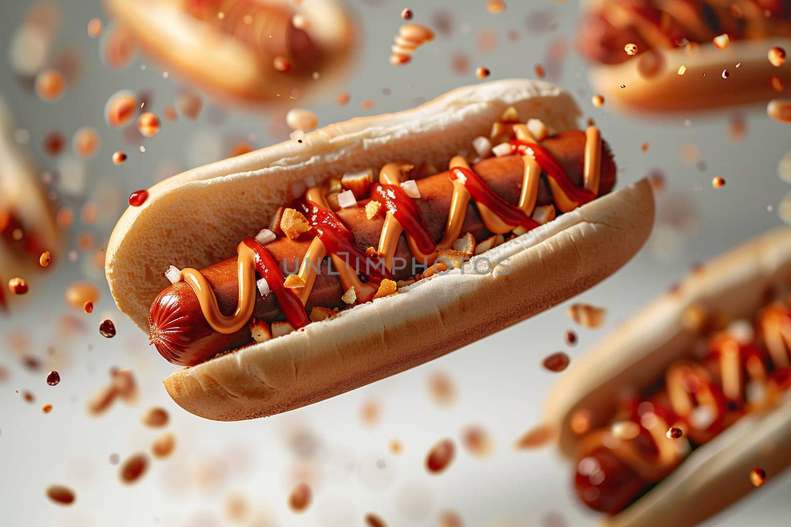 Delicious hot dogs in flight with drops of ketchup and mustard on a white background. Fast food concept.