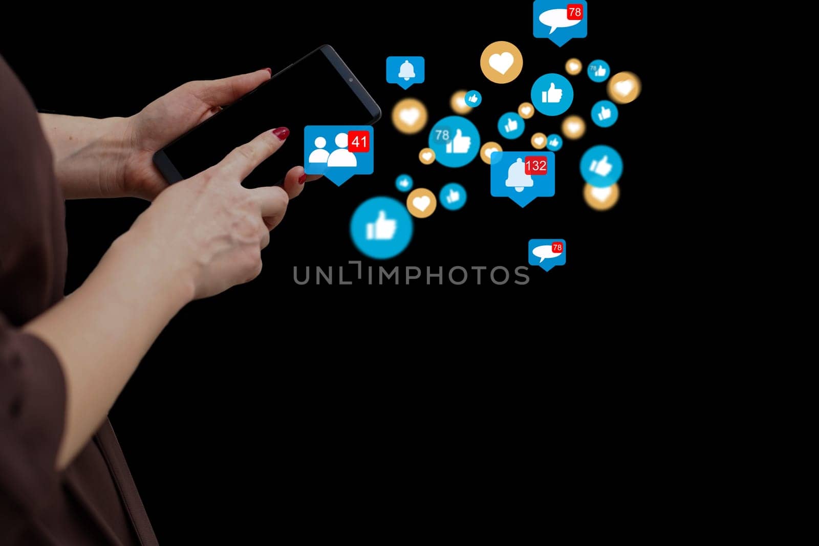 Close-up of smartphone in female hands. In foreground are virtual icons with picture of clouds, people and digital gadgets. Social media. Girl blogging, chatting online. Cloud technology