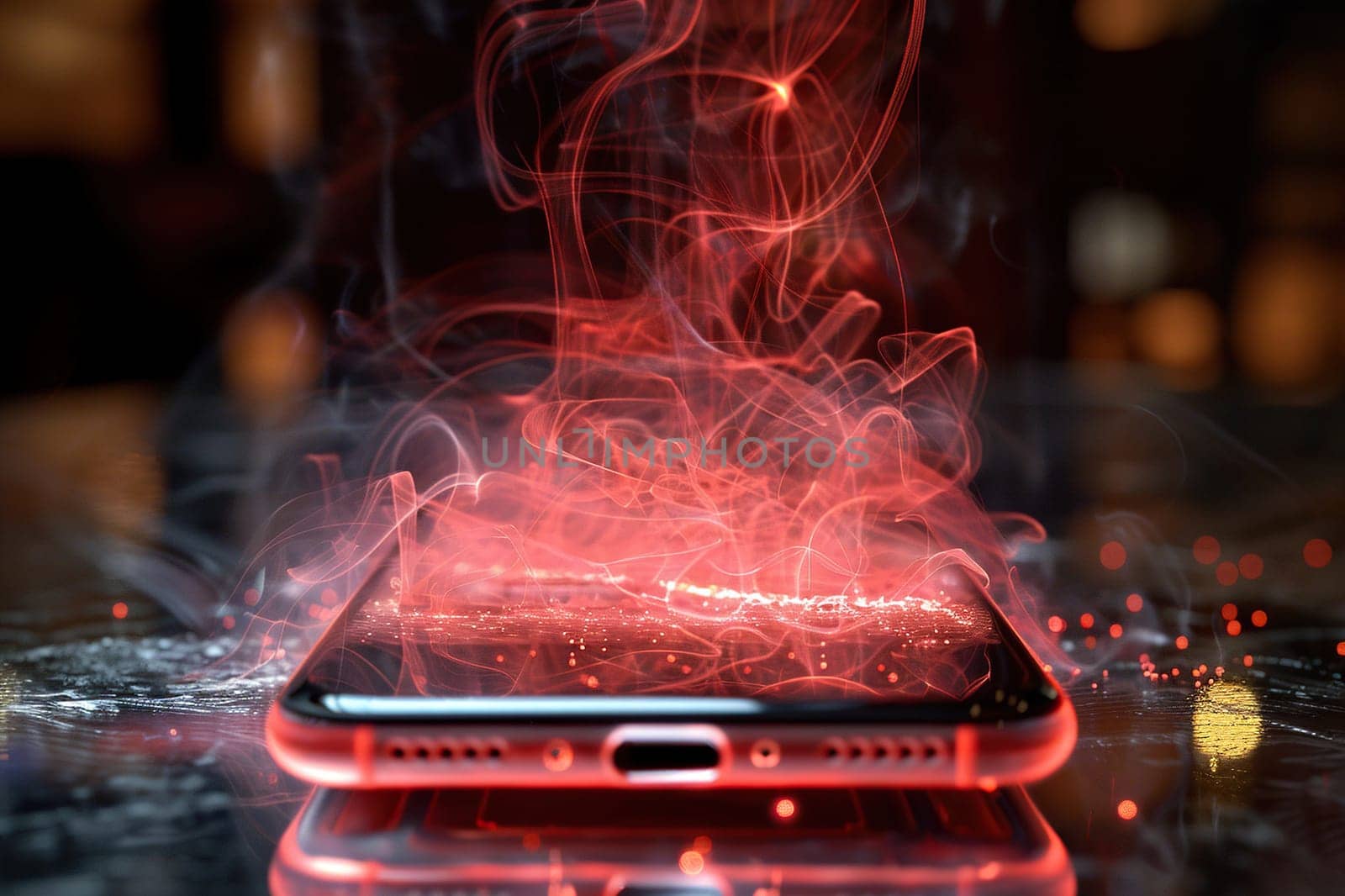 Close-up of a smartphone with clouds of smoke above it. Mobile device security concept.