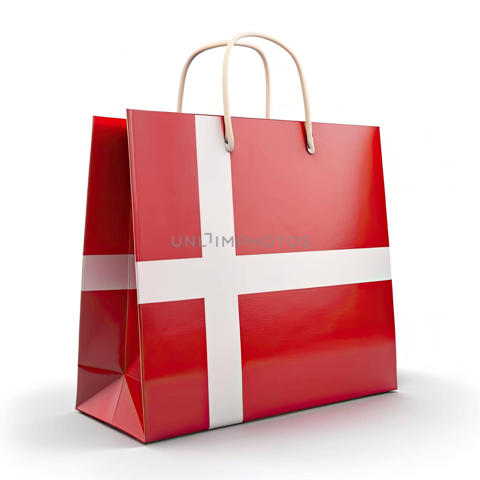 Denmark flag shopping bag against a white background. Denmark Flag Shopping Bag: Stylish Souvenir Tote for Trendy Outings. Proudly Danish: Denmark Flag Shopping Bag on White Background. Denmark Flag Tote Bag on Clean White Background by Andrii_Ko