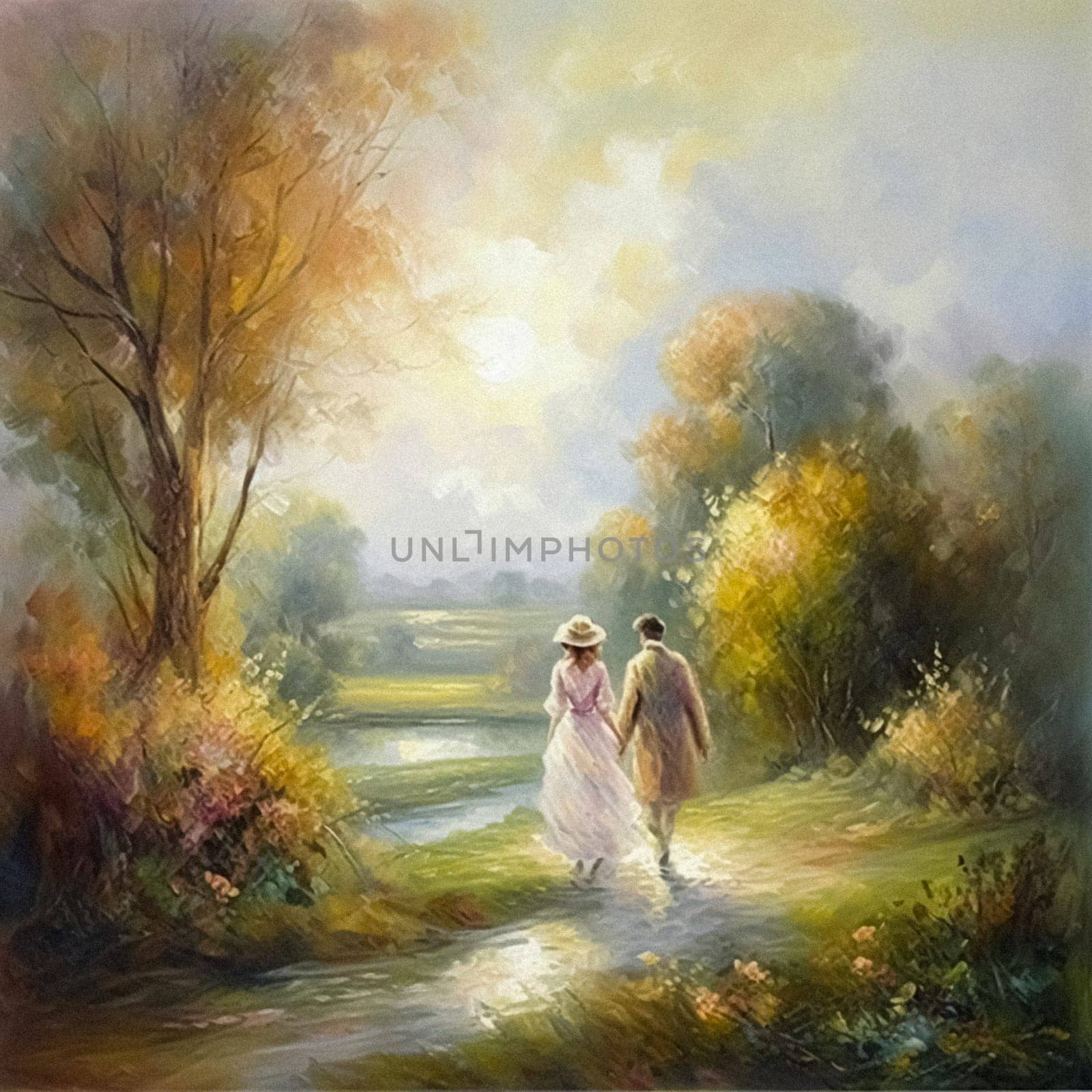 Oil style fine art painting of romantic vintage couple in the English countryside, country nature in soft pastel colours, evoking a sense of love and natural beauty, printable art by Anneleven