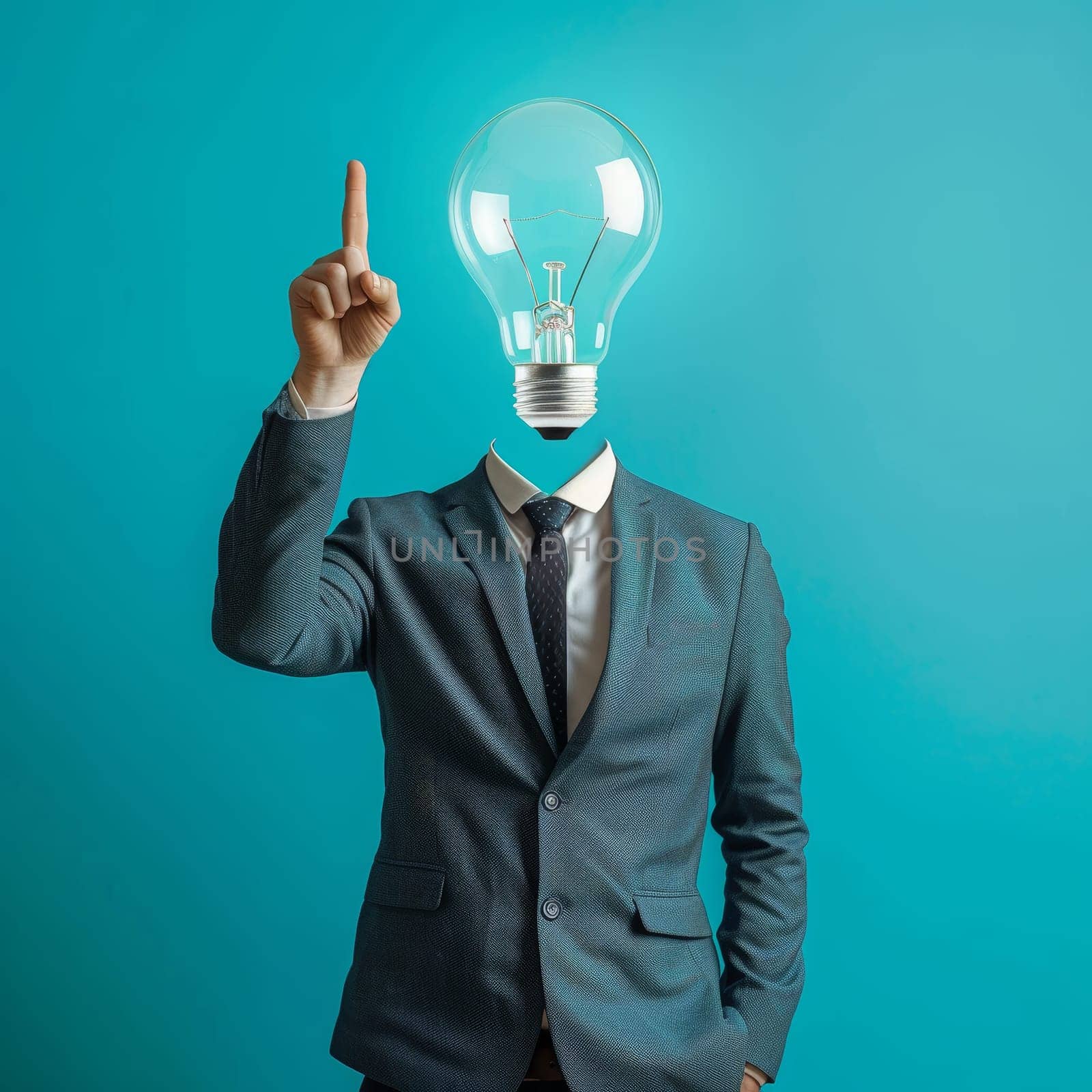 Businessman with a light bulb head and a raised finger symbolizing a new idea in business. Concept of think, brainstorming for solution, creativity or invention, brilliant idea discovery, intelligence. by sfinks