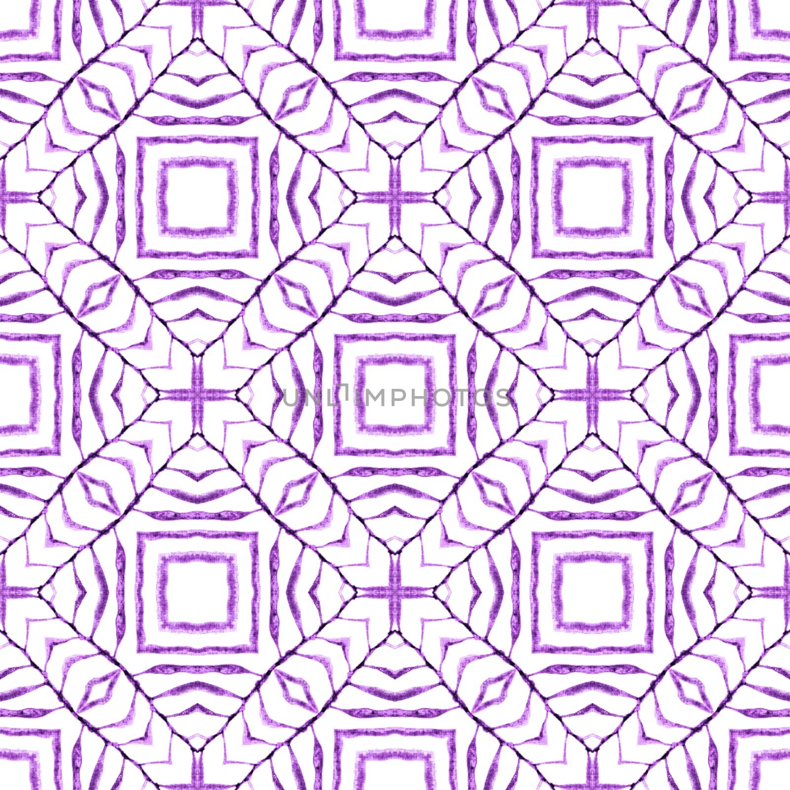 Textile ready noteworthy print, swimwear fabric, wallpaper, wrapping. Purple alive boho chic summer design. Watercolor ikat repeating tile border. Ikat repeating swimwear design.
