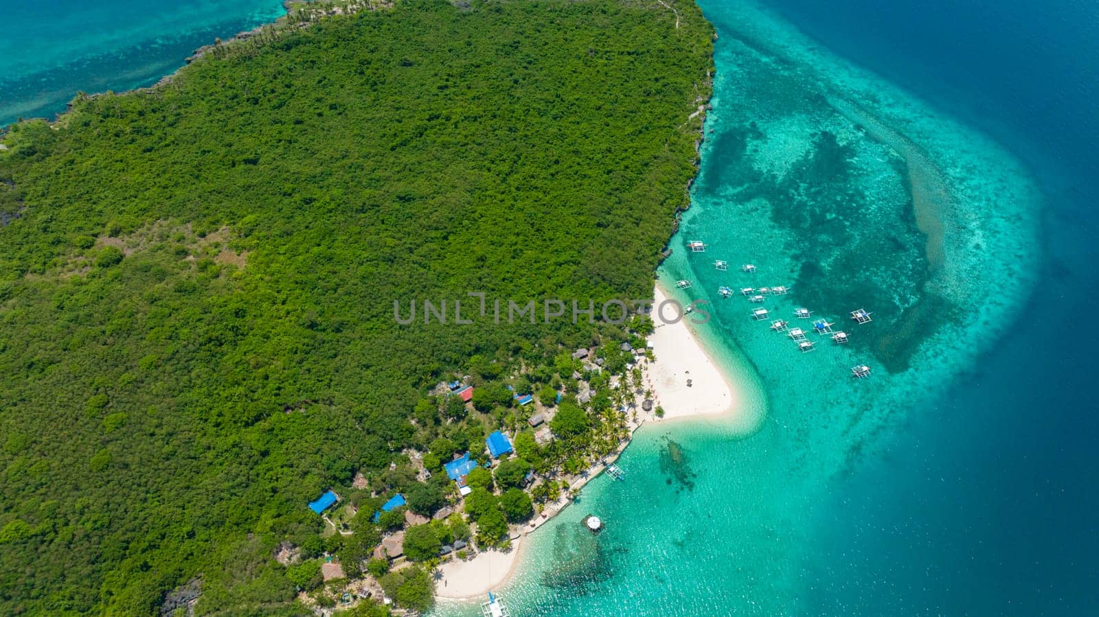 Aerial drone of coast of the island with a beautiful beach and palm trees. Virgin Island, Philippines.