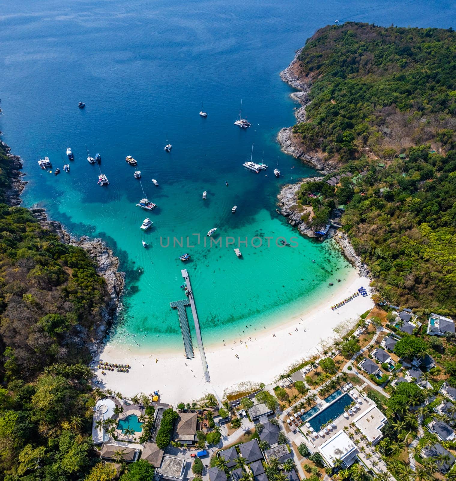 Aerial view of Siam bay in koh Racha Yai also known as Raya Island in Phuket, Thailand, south east asia