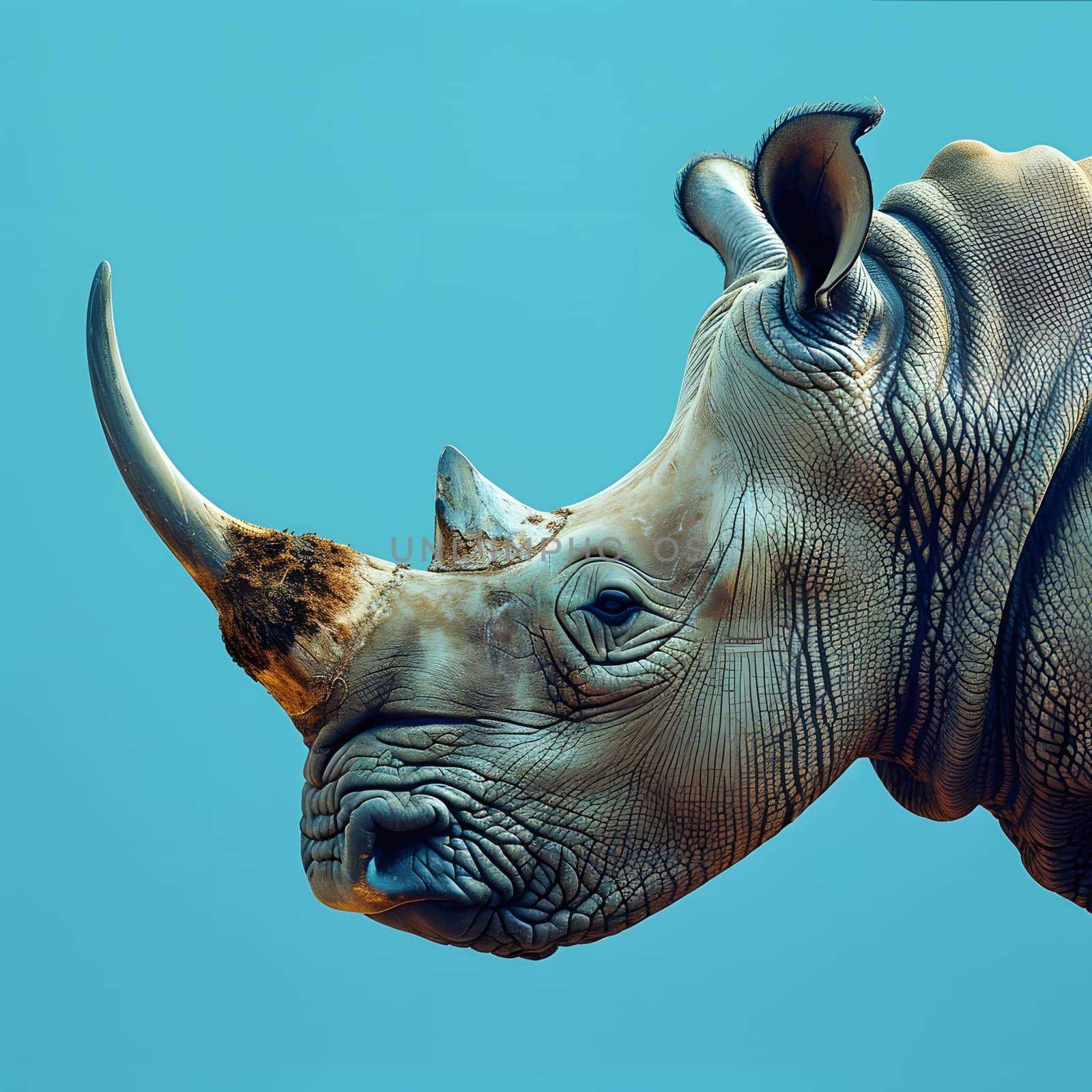 Close up of Black rhinoceros head with horn and jaw against blue sky by Nadtochiy