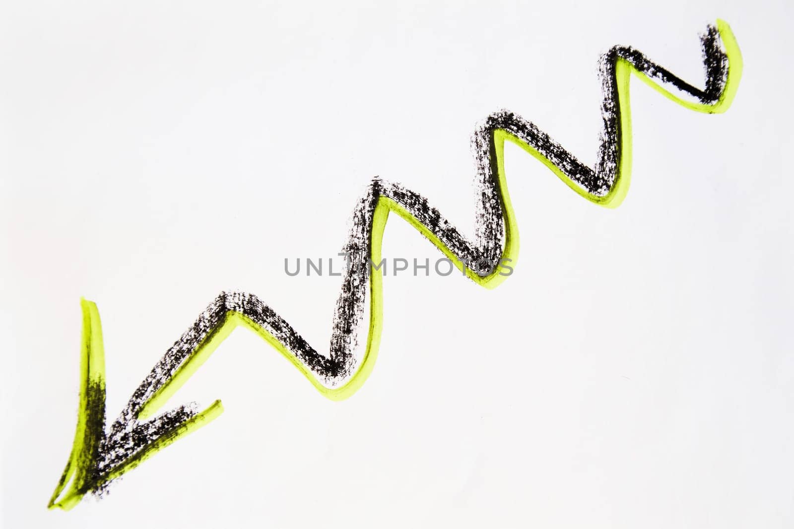 Vibrant neon green curved wavy arrow drawn by hand on white background. Concept of movement, growth, decline, change, decline and achievements in business