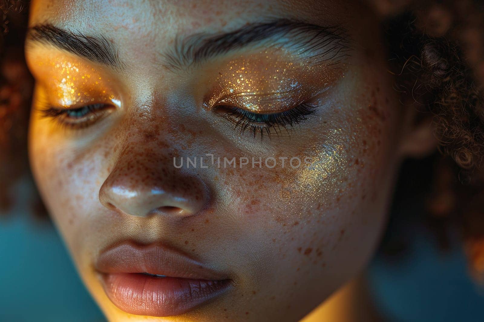 Close-up portrait of a young attractive dark-skinned woman with closed eyes and golden shadows on her eyelids. Freckles on dark skin.