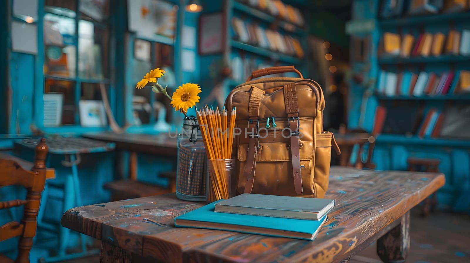 An electric blue backpack rests on a wooden library table by Nadtochiy
