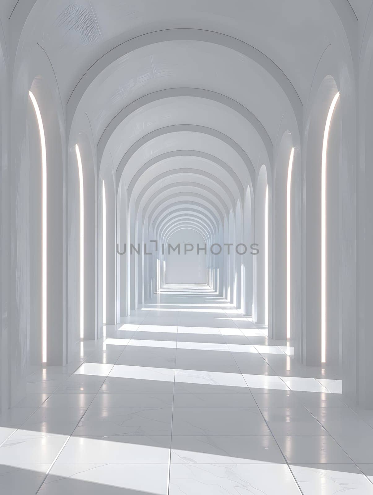 A symmetrical hallway in a building with arches and columns, illuminated by electric blue lights on the walls. The pattern of darkness contrasts with the tints and shades, resembling a piece of art