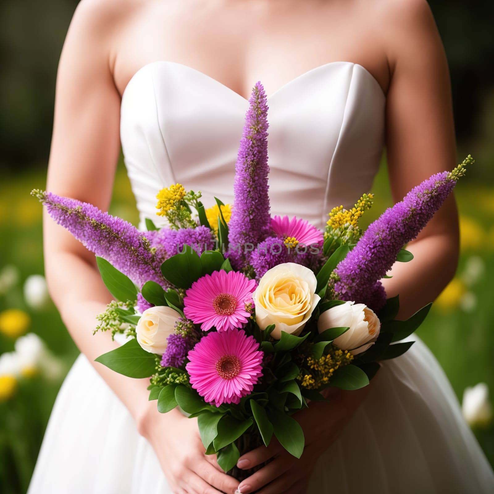 Beautiful Bride in white wedding dress with bridal bouquet. Generative AI with beautiful girl in springtime.