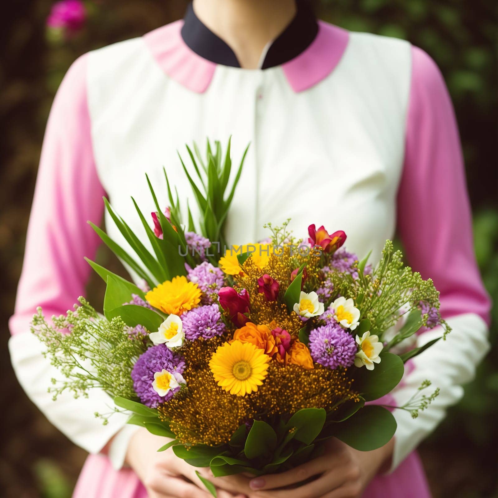 Woman with a colorful bouquet of flowers by macroarting