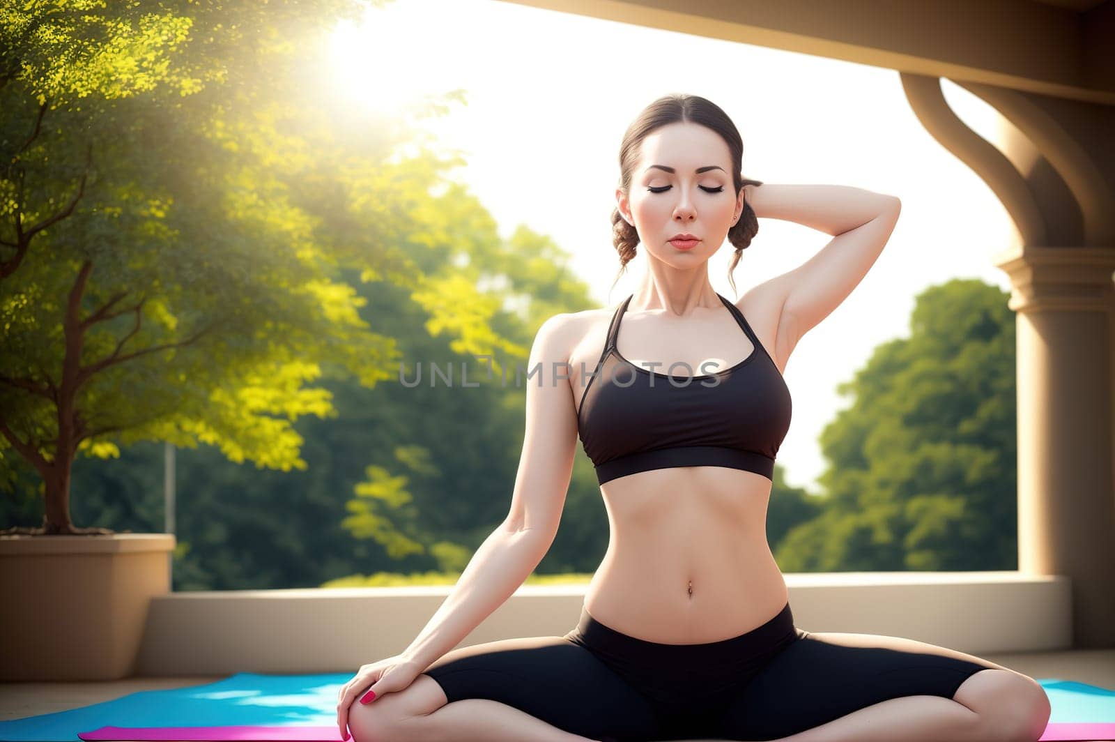 Lady does yoga, sits in the lotus position in peace and balance indoor at Sunset. Generative AI.