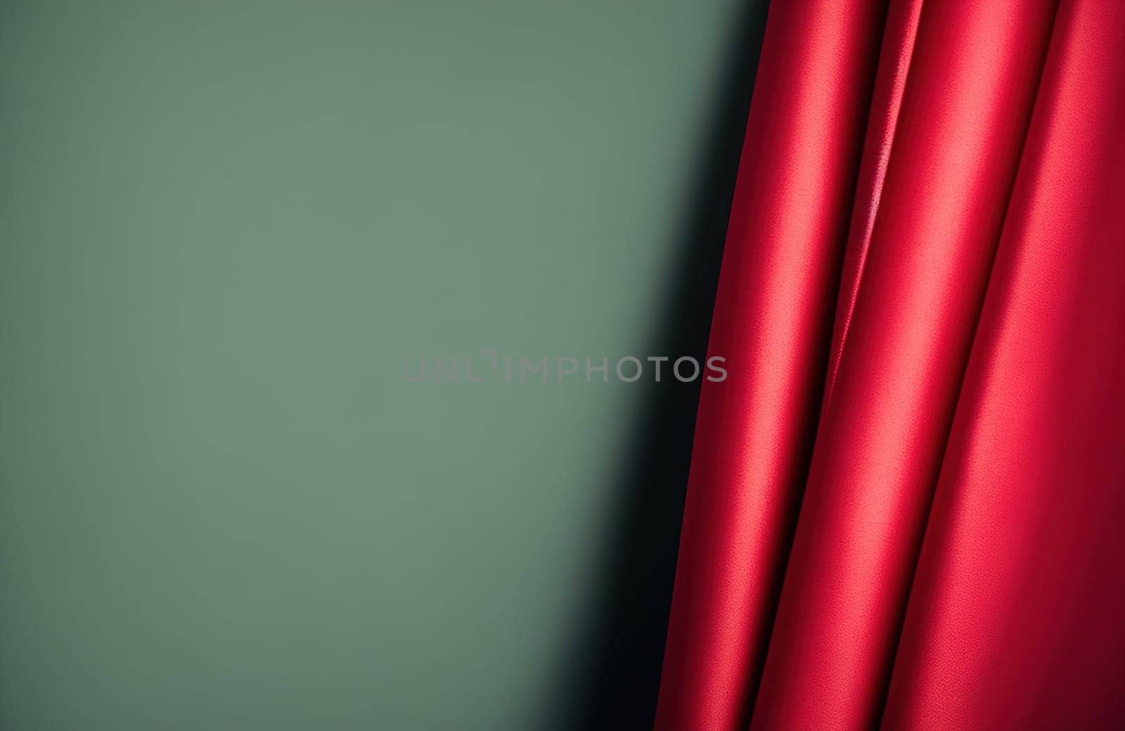 Silk curtain in red color. Banner with copy space green color. Generative AI.