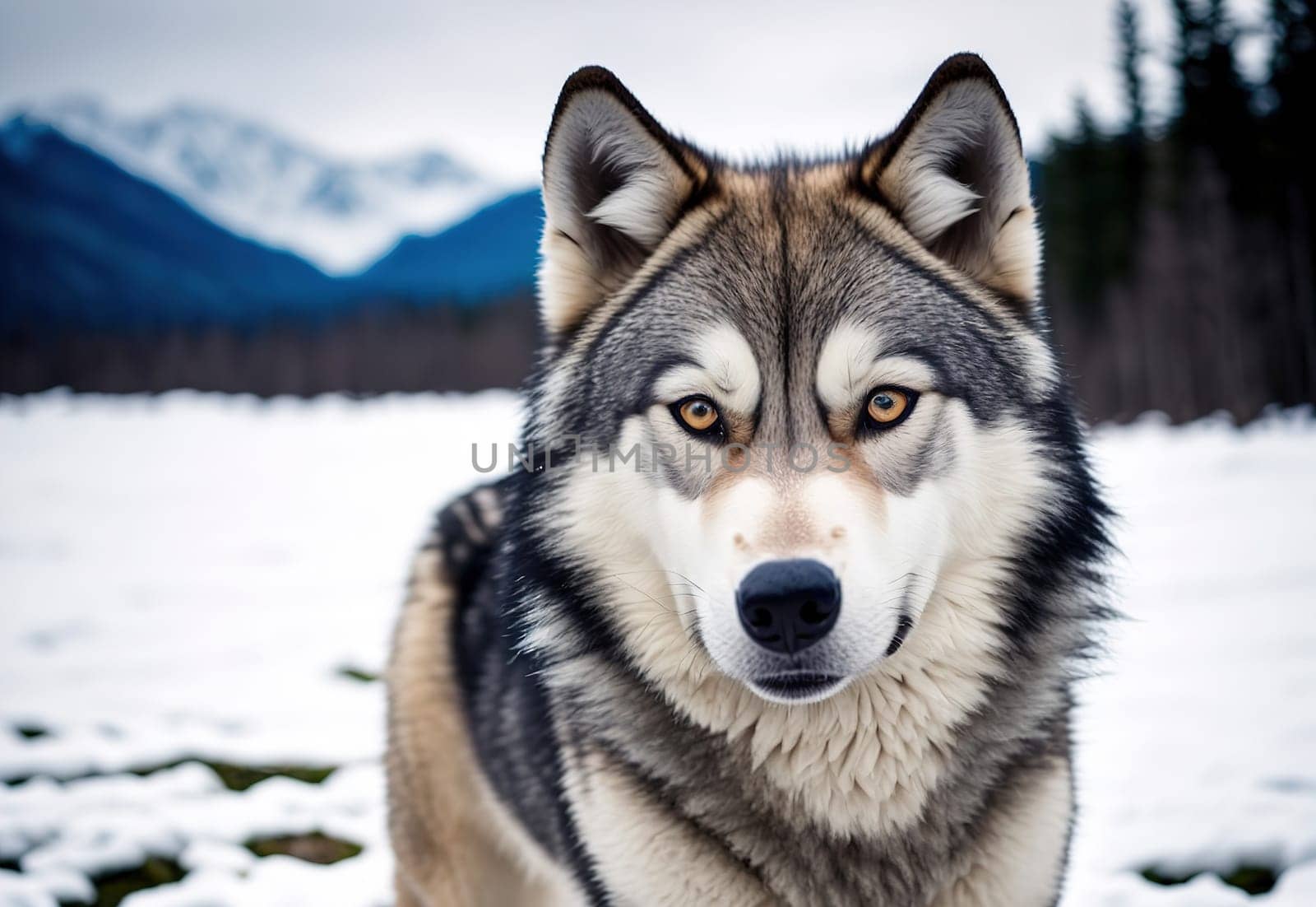 Grey Wolf face in the Winter Landscape close up by macroarting