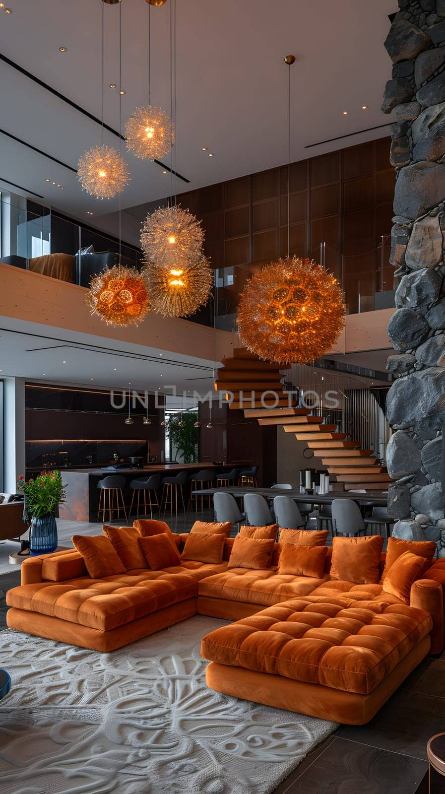 Modern interior design featuring a spacious living room with a large orange sectional couch, wooden stairs, and a studio couch. The room is illuminated by natural light and adorned with plants