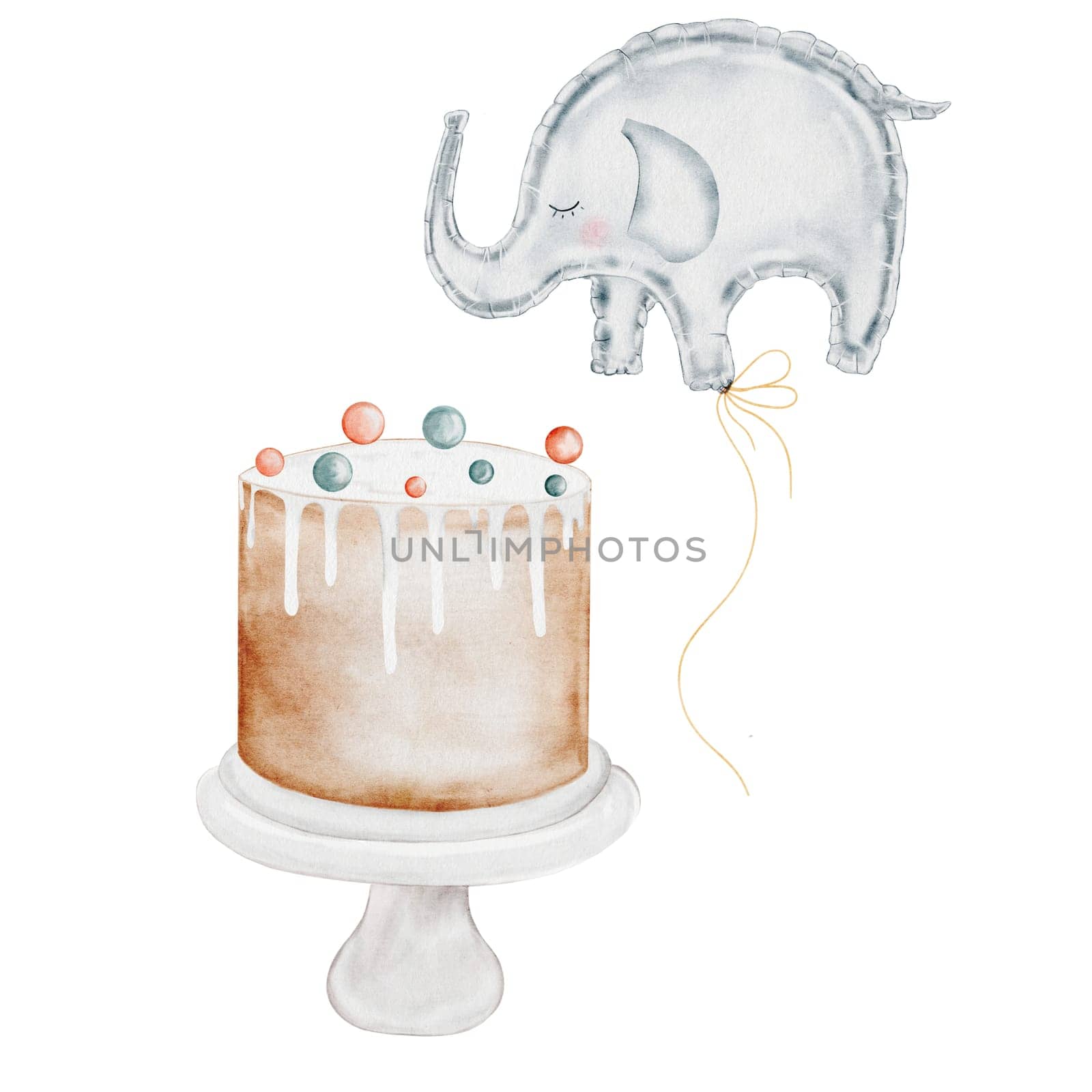 Birthday cake watercolor. Vintage illustration hand drawing of a holiday pie. Clip art isolated on white background sweet pastries. Ideal for designing baby shower and birthday cards and invitations. High quality photo