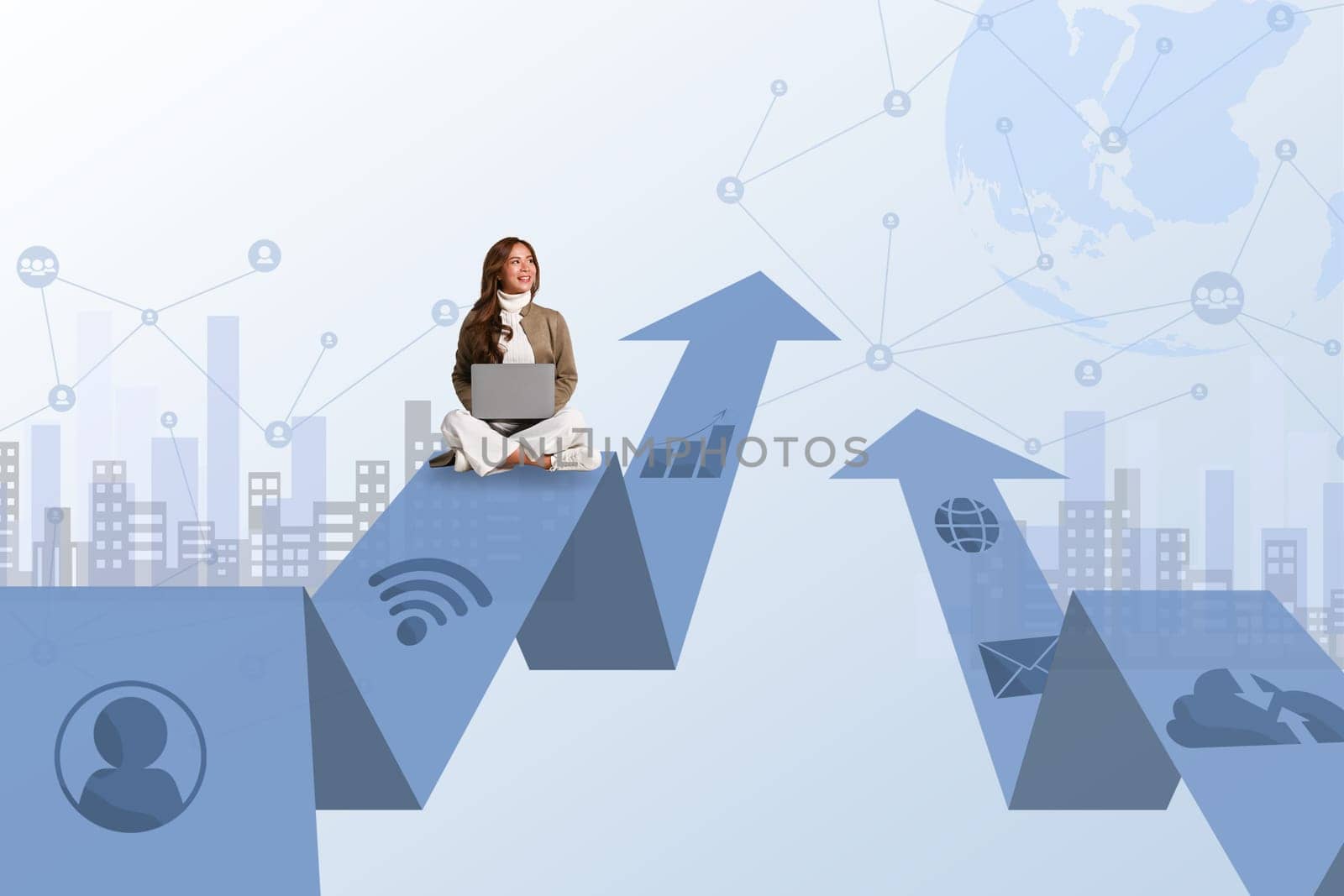Smiling young woman with laptop sitting on a growing up arrow. Concept of global network connection.