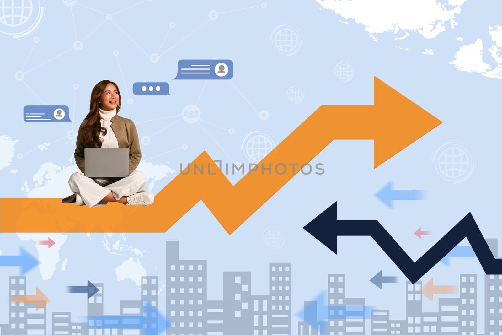 Cheerful young woman with laptop sitting on a growing up arrow. Business growth concept.