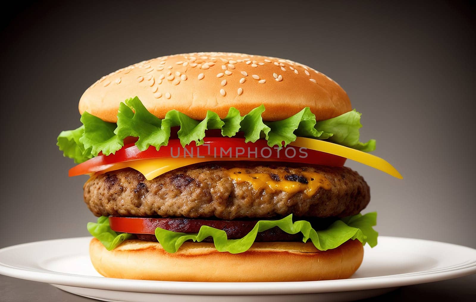 Tasty big burger on a plate on a dark background, close-up side view - Studio Shot. Generative AI.