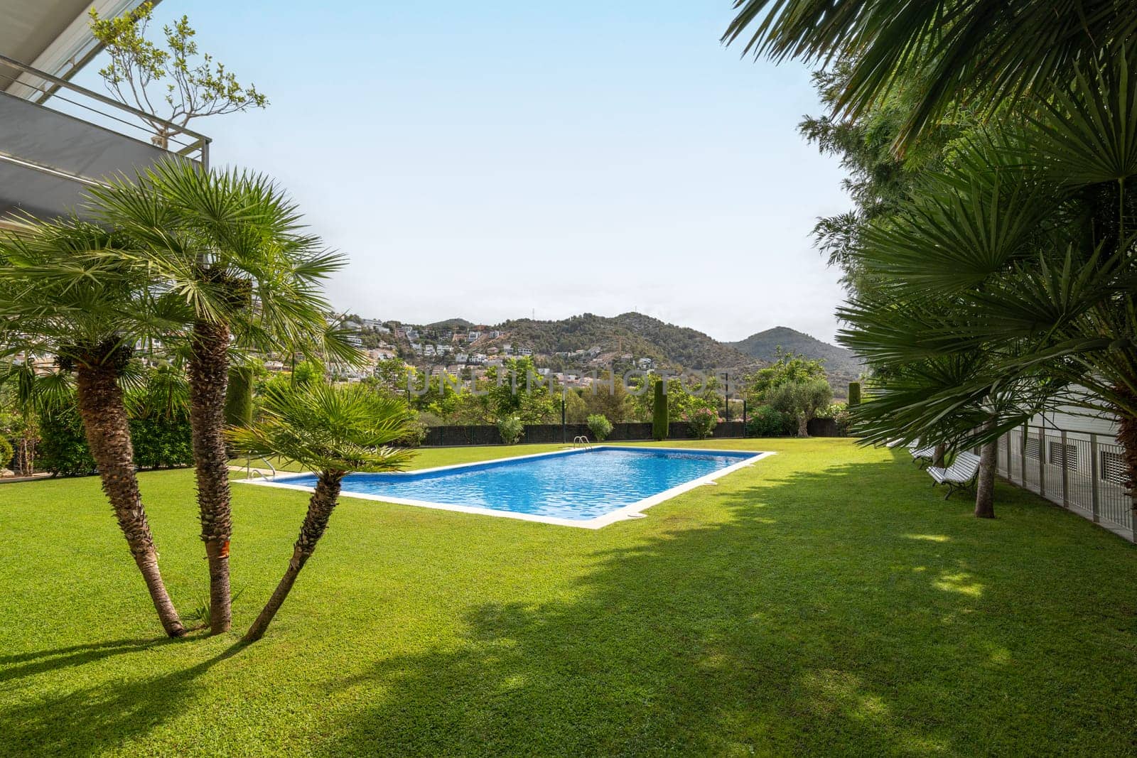 Lush garden with a swimming pool and palm trees with hills in the background by apavlin